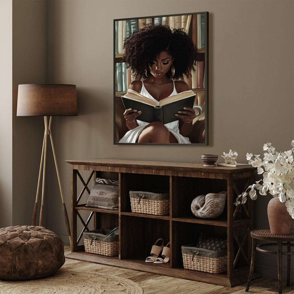 African Black Girl Reading Book Poster, Black Woman Canvas Wall Art Print, Traditional African Symbols Painting, Afrocentric Cultural Wall Decor for Living Room 24x36inch black framed