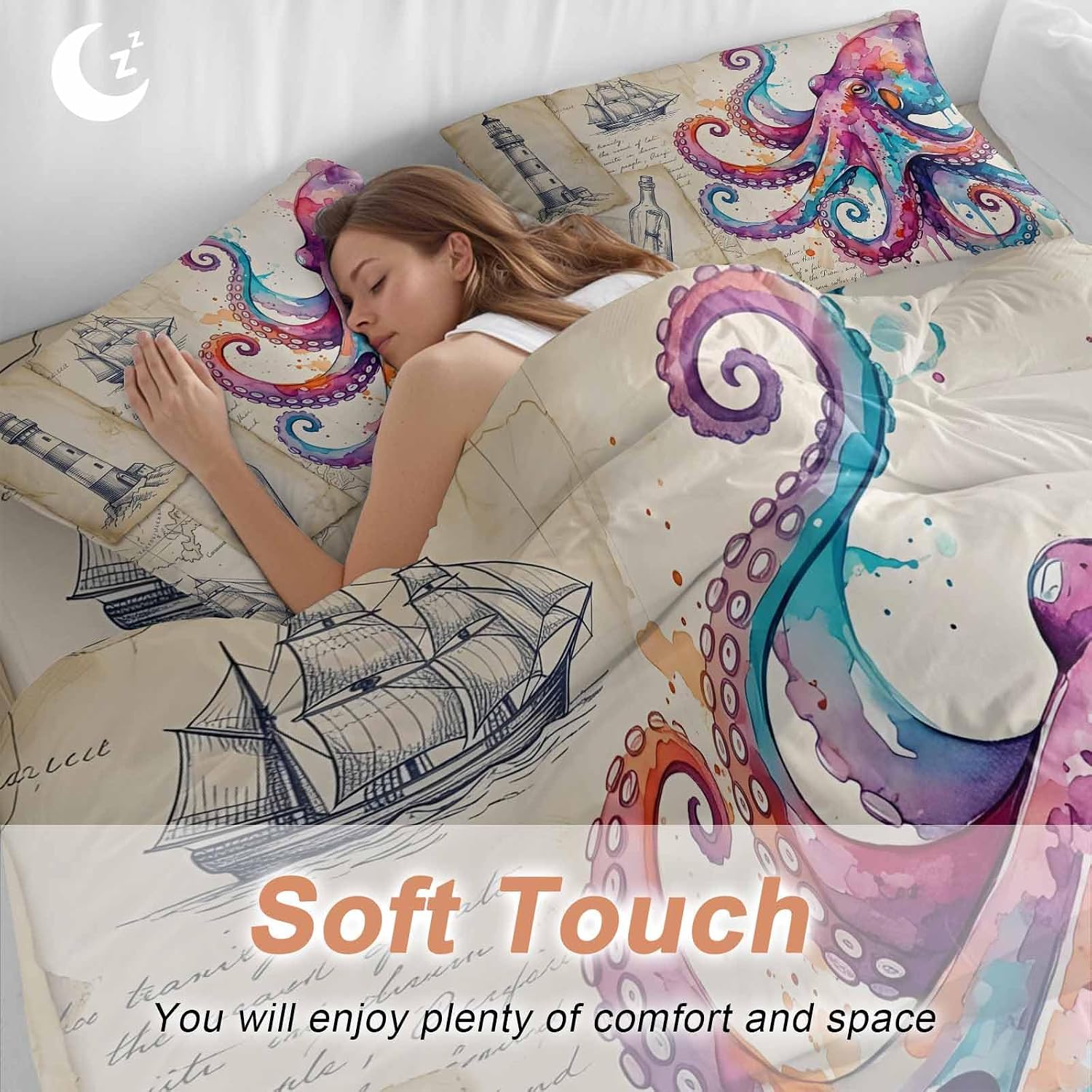 Prime Leader Pink Blue Octopus Duvet Cover Set Queen Size 4 Pieces Watercolor Octopus Newspaper Texture Bedding Set with Zipper Closure, 1 Comforter Cover 86x86 Inches 1 Flat Sheet & 2 Pillow Cases