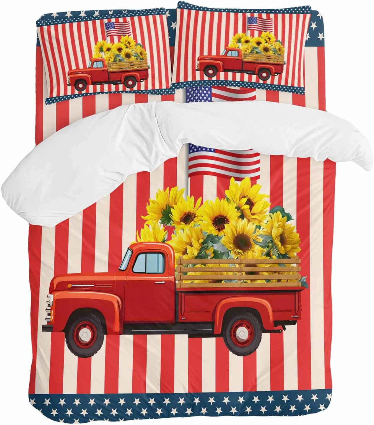 Independence Day Duvet Cover Set Queen Size 4 Pieces Five-Pointed Star U.S. Flag Themed Red Truck Sunflower Bedding Set with Zipper Closure,1 Comforter Cover 86x86 Inches 1 Flat Sheet & 2 Pillow Cases