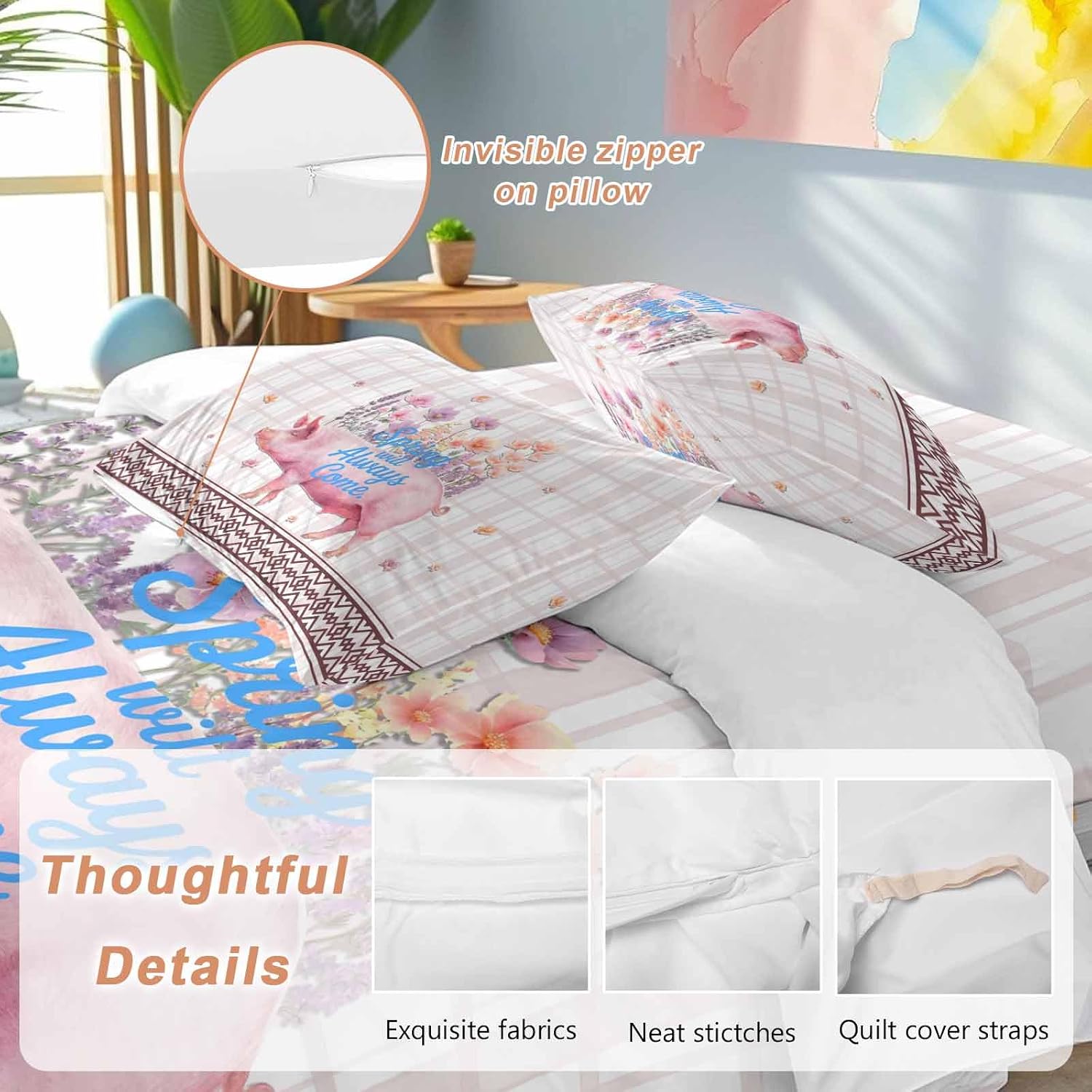 Spring Will Always Come Duvet Cover Set Queen Size 4 Pieces Funny Pig Rustic Wildflower Pink Stripes Bedding Set with Zipper Closure, 1 Comforter Cover 92x106 Inches 1 Flat Sheet & 2 Pillow Cases