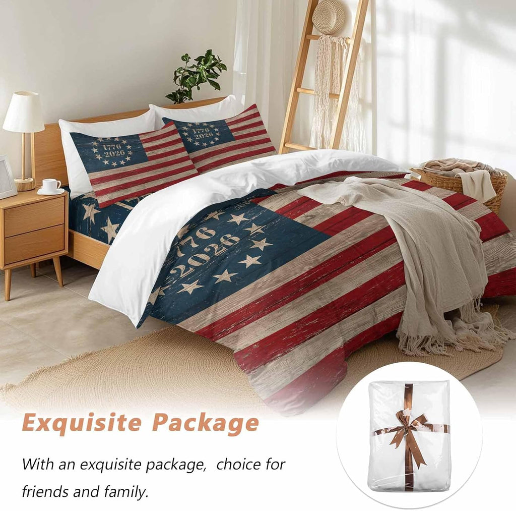 Independence Day Duvet Cover Set Queen Size 4 Pieces Retro American Flag Patriotic Red Blue Stripe Star Bedding Set with Zipper Closure, 1 Comforter Cover 90x92 Inches 1 Flat Sheet & 2 Pillow Cases