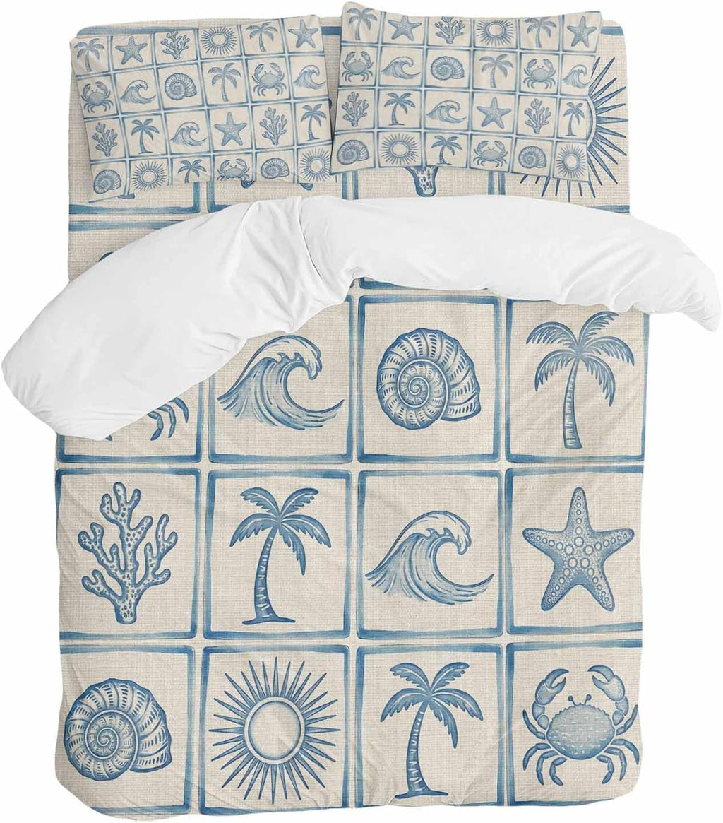 Prime Leader Summer Coastal Duvet Cover Set Queen Size 4 Pieces Retro Ocean Waves Shell Crab Coconut Tree Bedding Set with Zipper Closure, 1 Comforter Cover 90x92 Inches 1 Flat Sheet & 2 Pillow Cases