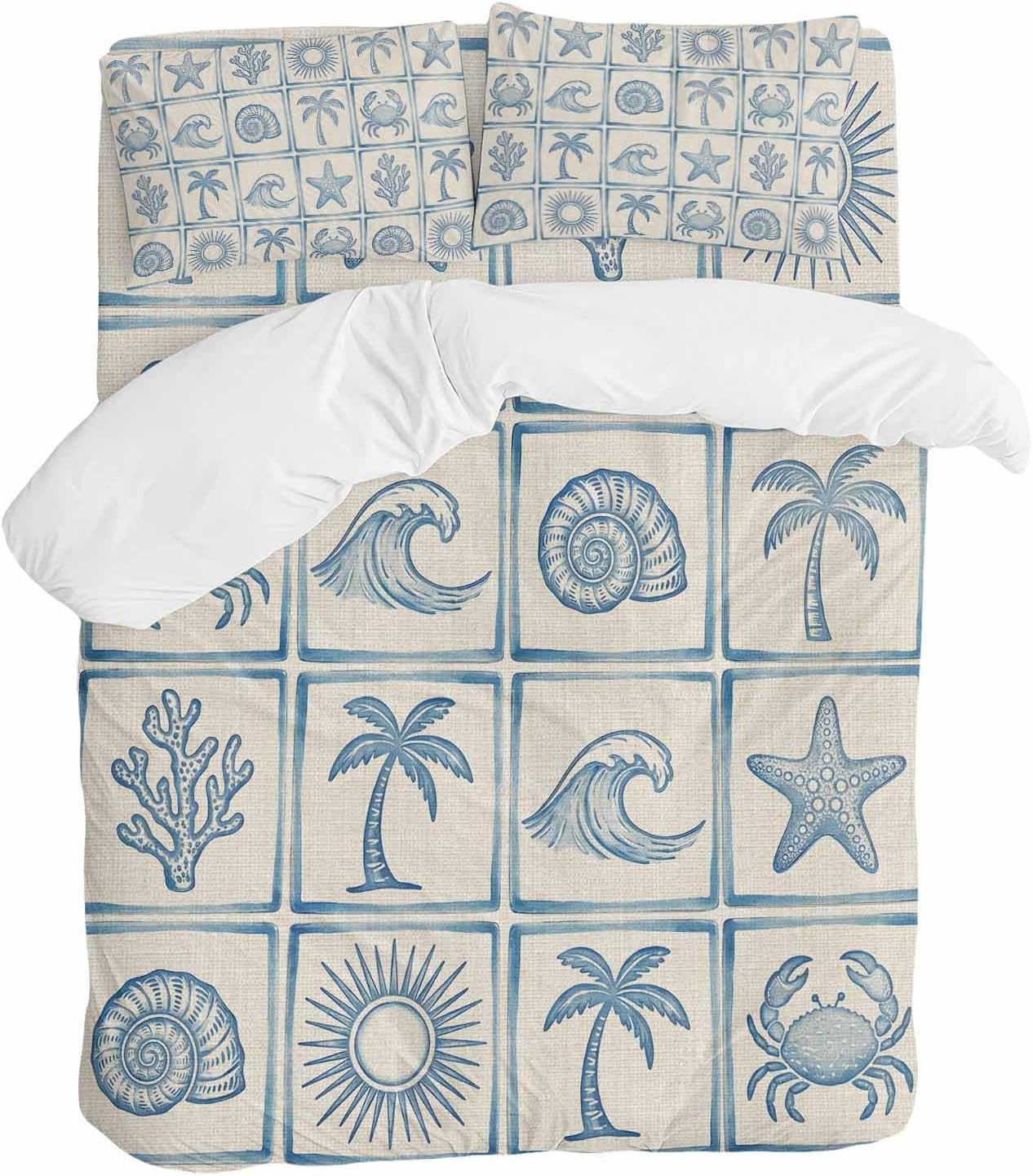 Prime Leader Summer Coastal Duvet Cover Set Queen Size 4 Pieces Retro Ocean Waves Shell Crab Coconut Tree Bedding Set with Zipper Closure, 1 Comforter Cover 90x92 Inches 1 Flat Sheet & 2 Pillow Cases