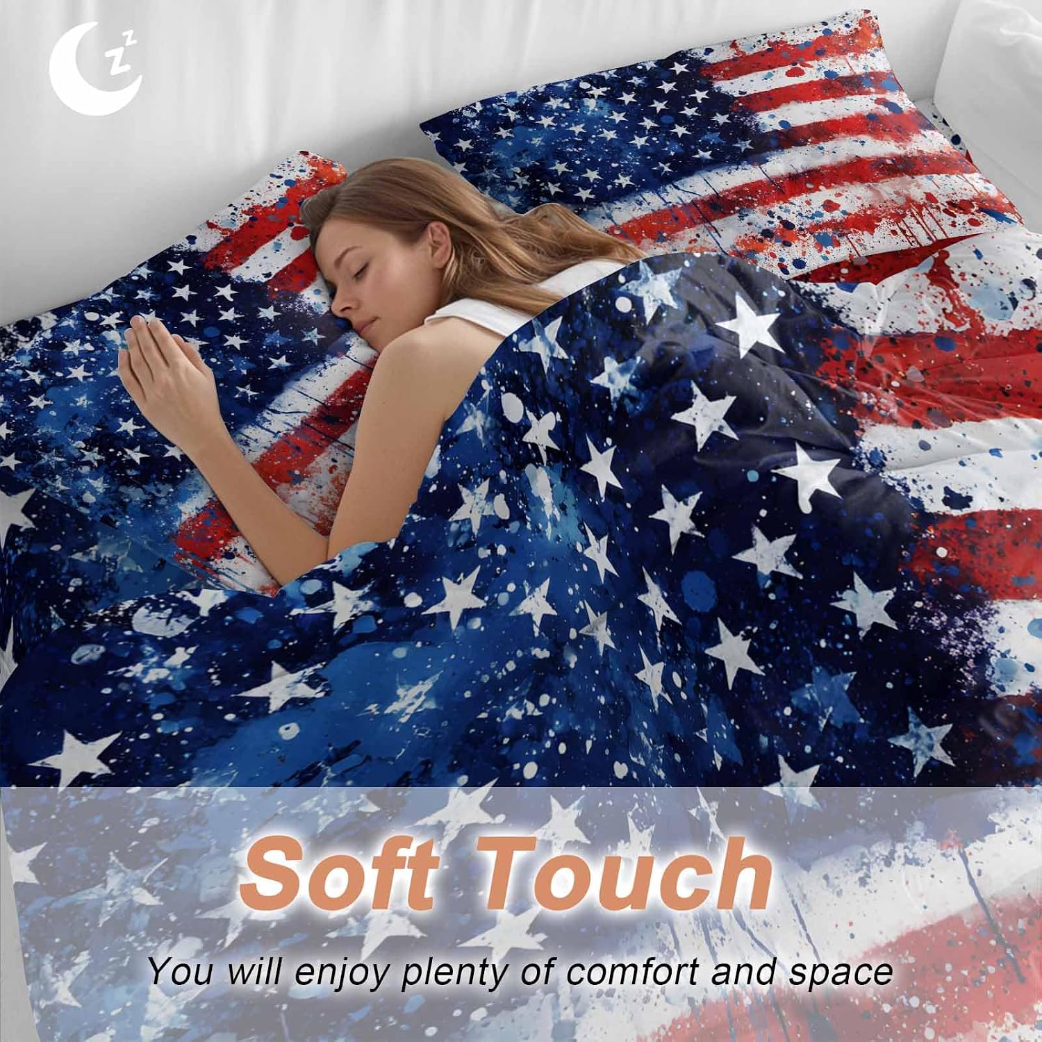 Independence Day Duvet Cover Set Queen Size 4 Pieces Mottled Red Blue White Stars Painted Flag Bedding Set with Zipper Closure, 1 Comforter Cover 90x92 Inches 1 Flat Sheet & 2 Pillow Cases