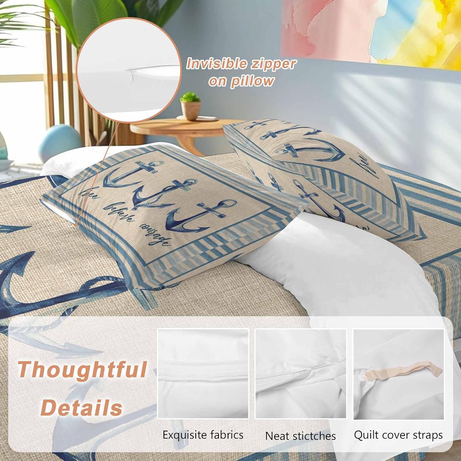 Summer Ocean Duvet Cover Set Queen Size 4 Pieces Blue Stripes Anchor Free Believe Courage Linen Bedding Set with Zipper Closure, 1 Comforter Cover 86x86 Inches 1 Flat Sheet & 2 Pillow Cases