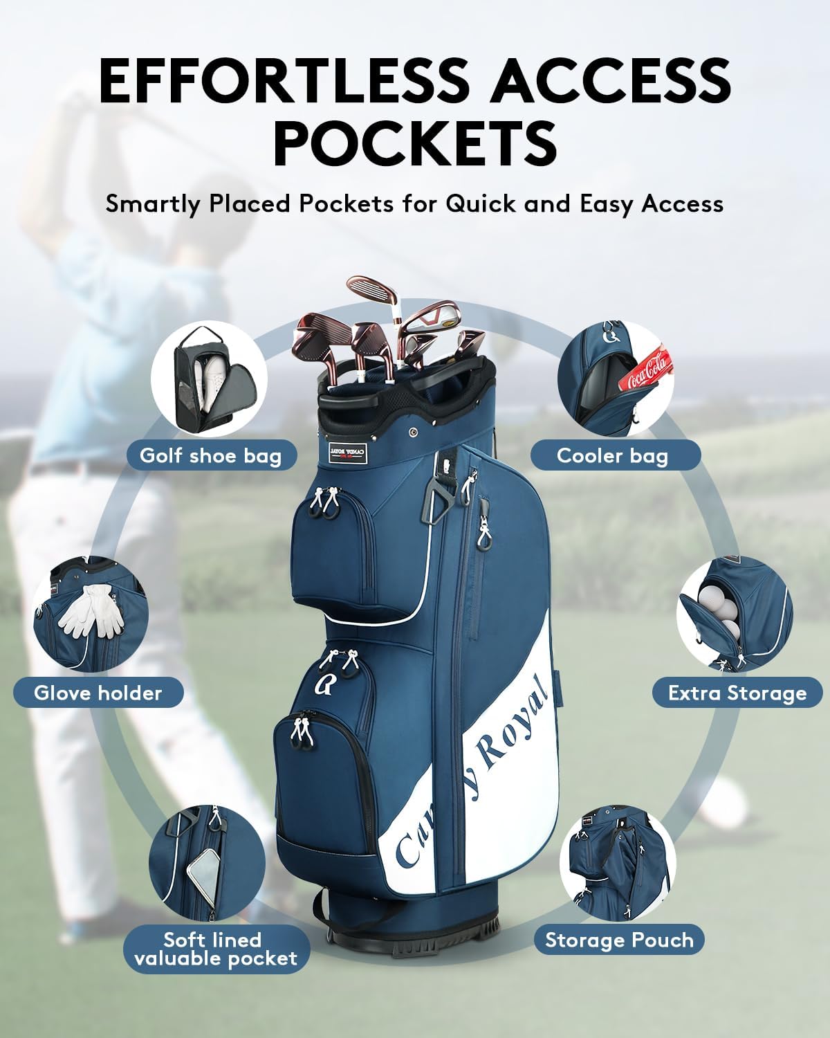 Golf Cart Bag:14 Way Full Length Divider Top Lightweight with Cooler Handles Rain Cover and Golf Shoe Bag Green