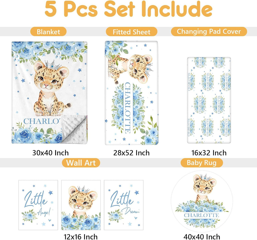 Terwex Personalized Crib Bedding Set, 5 Pcs Custom Nursery Bedding Sets with Name, Infant Bedding Set for Baby Boy Girl, Blue Leopard Double Layer Baby Crib Set, Babies Toddlers Kids Customized Gifts