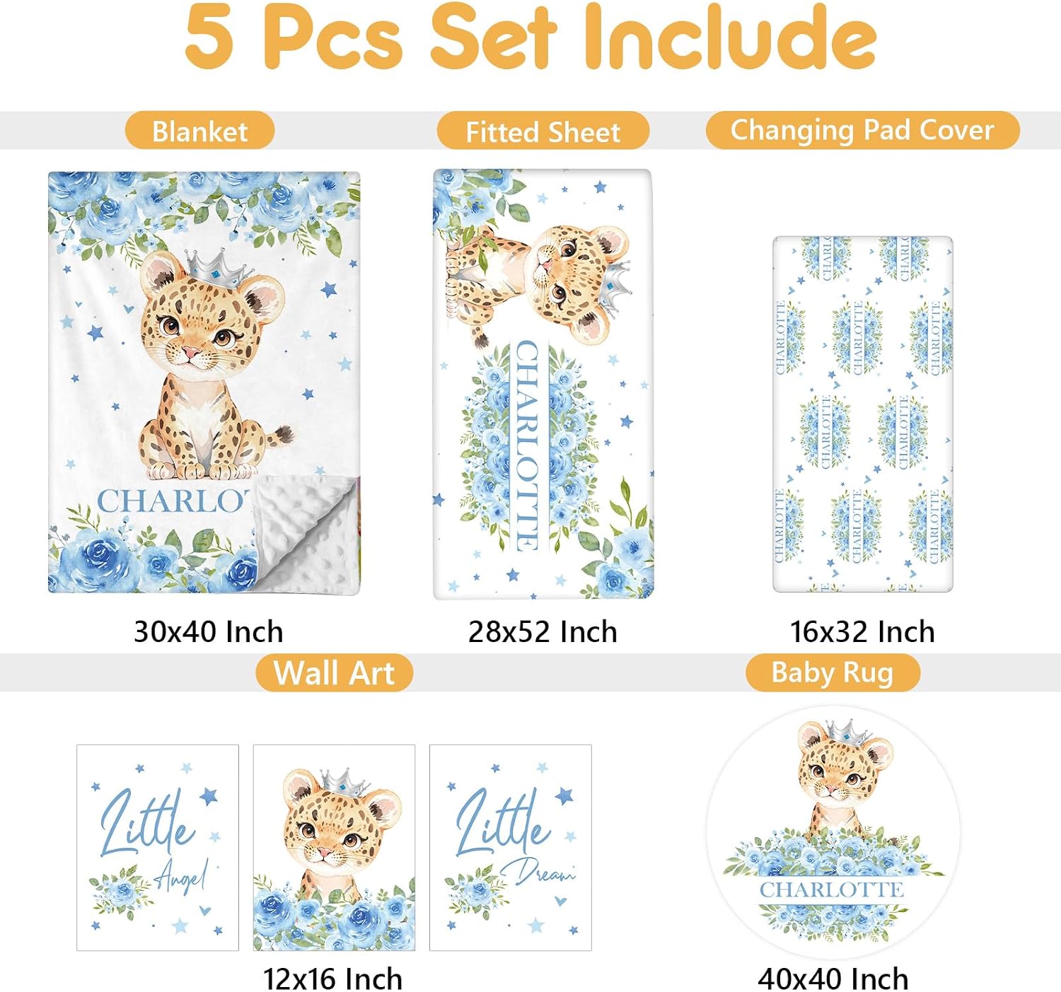Terwex Personalized Crib Bedding Set, 5 Pcs Custom Nursery Bedding Sets with Name, Infant Bedding Set for Baby Boy Girl, Blue Leopard Double Layer Baby Crib Set, Babies Toddlers Kids Customized Gifts