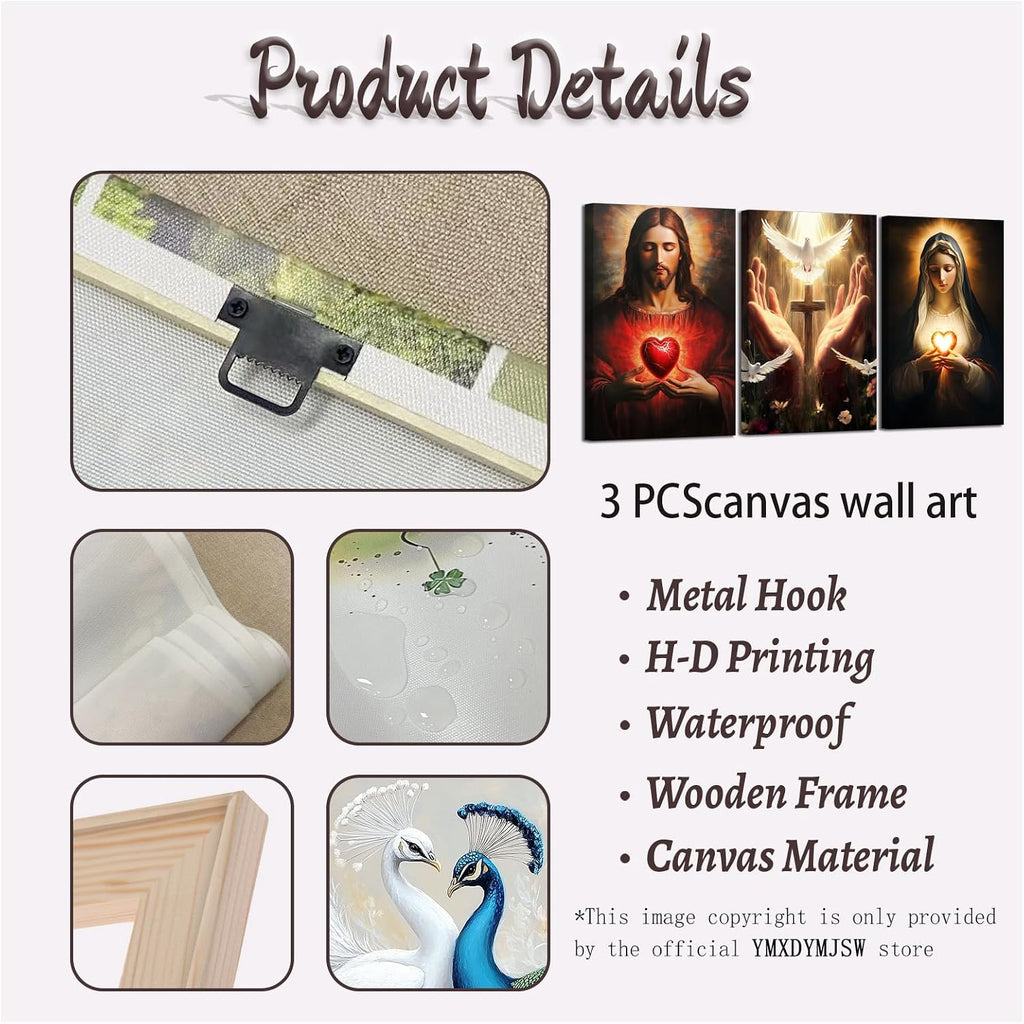 YMXDYMJSW Sacred Heart Wall Art 3 Pieces Jesus Mary Portrait Pictures Christian Catholic Canvas Prints Cross Dove of Peace Paintings for Church Decor Frame (Red,24.00' x 36.00' x 3PCS)