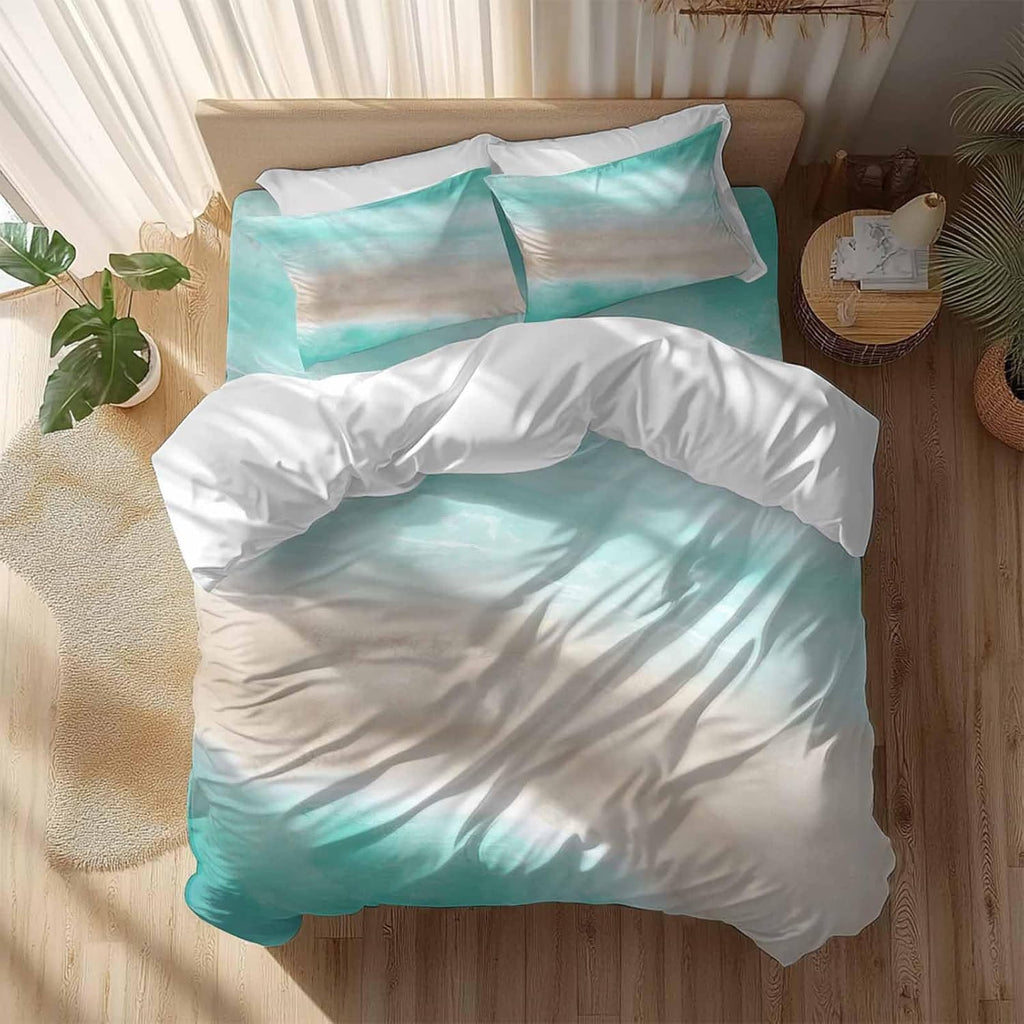 Summer Beach Duvet Cover Set Queen Size 4 Pieces Teal Green Gradient Ocean Wave Beige Sand Abstract Bedding Set with Zipper Closure, 1 Comforter Cover 86x86 Inches 1 Flat Sheet & 2 Pillow Cases