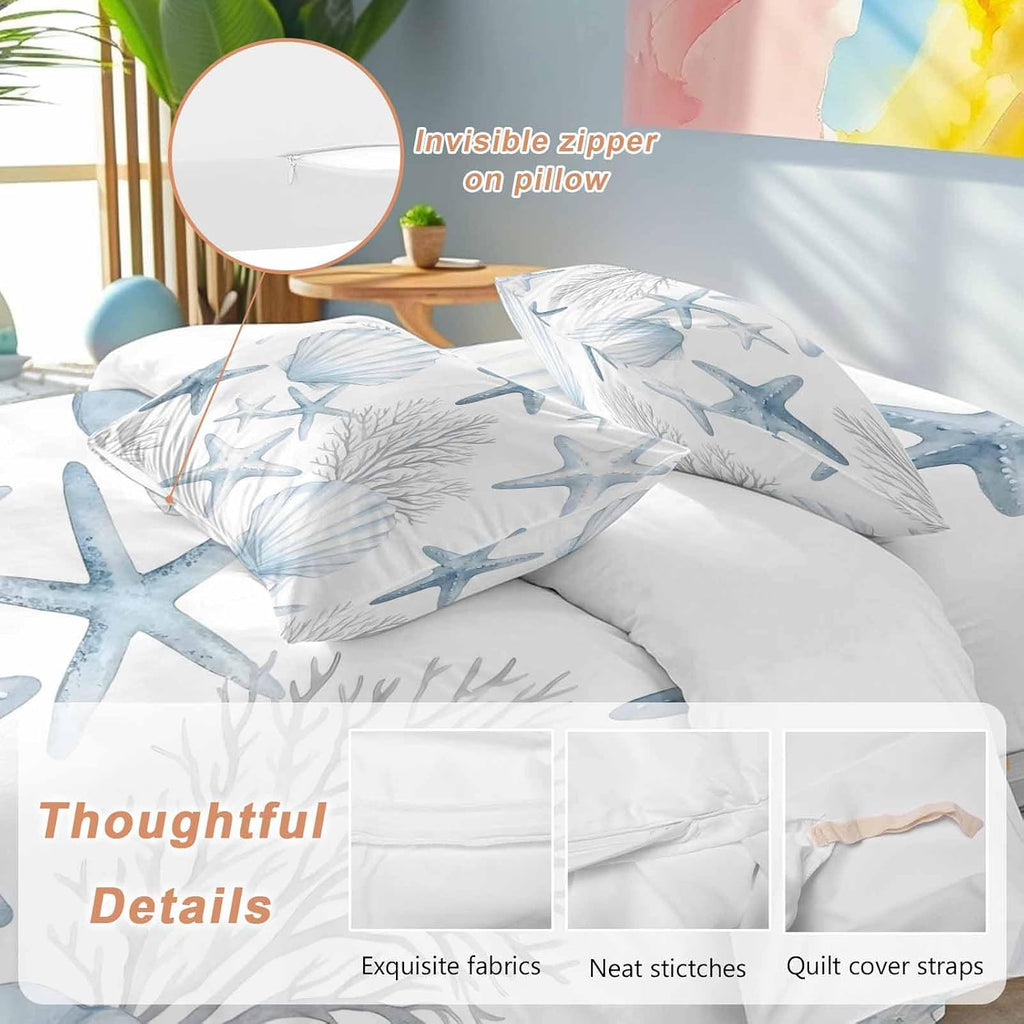Summer Ocean Shell Duvet Cover Set Queen Size 4 Pieces Nautical Watercolor Blue Starfish Seashell Coral Bedding Set with Zipper Closure, 1 Comforter Cover 86x86 Inches 1 Flat Sheet & 2 Pillow Cases