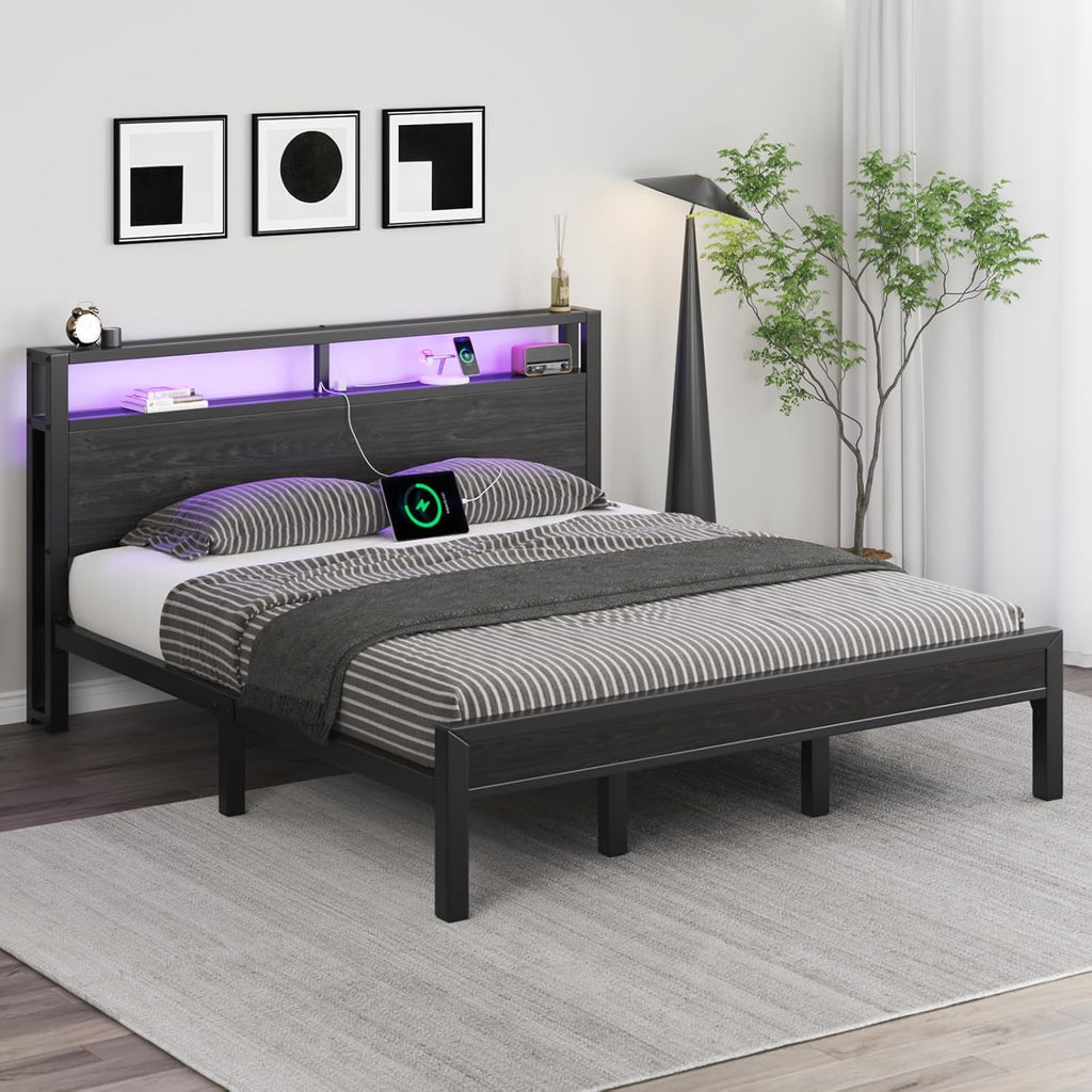 LOEWAY King Size Bed Frame with Storage Headboard, Industrial Platform Bed with Charging Station and LED Lights, Heavy Duty Metal Slats, No Box Spring Need, Noise Free, Black