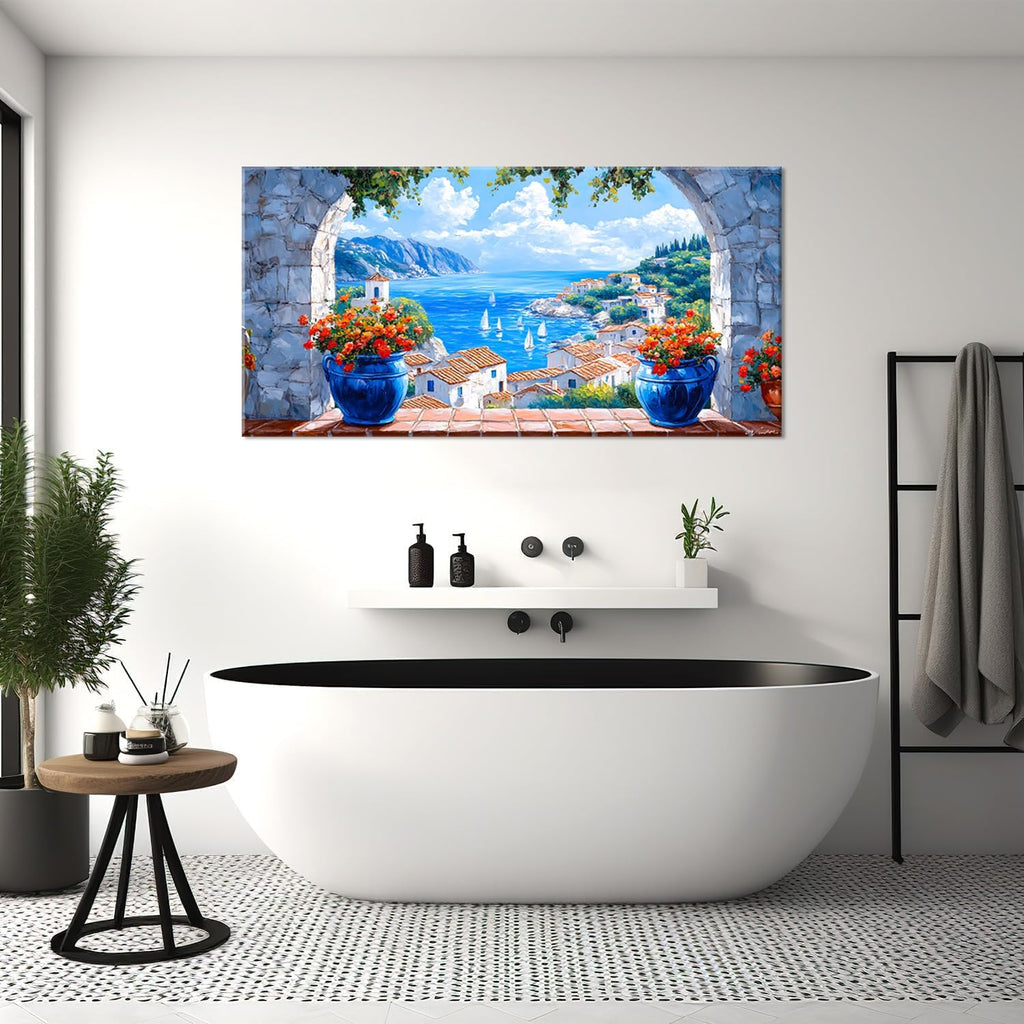 LAVIKARS Seascape Wall Art Navy blue Oil Painting Reproduction Print Modern window view Canvas Paintings Artwork Landscape Picture for Living Room Bedroom Home Kitchen Decor (28x58inch)