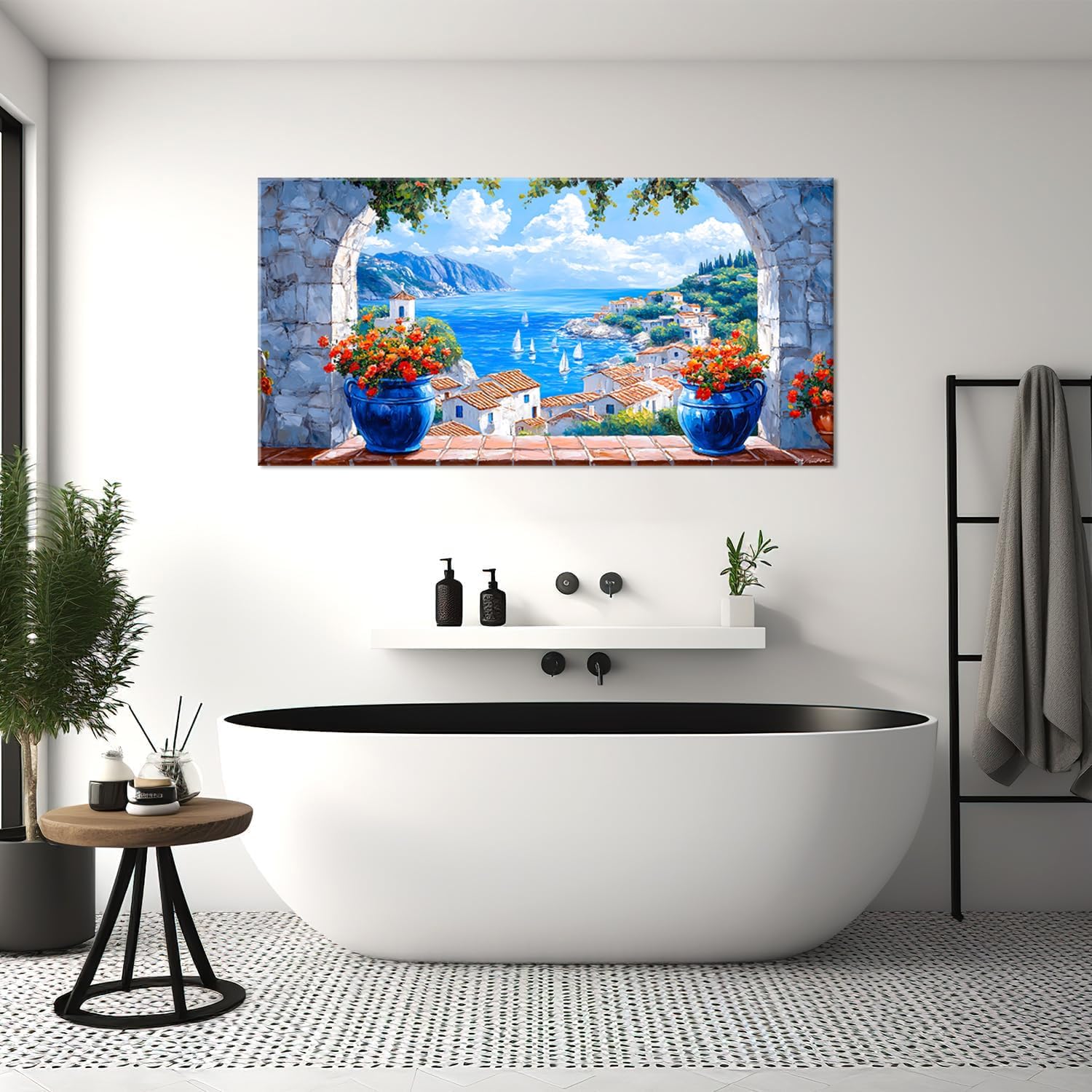 LAVIKARS Seascape Wall Art Navy blue Oil Painting Reproduction Print Modern window view Canvas Paintings Artwork Landscape Picture for Living Room Bedroom Home Kitchen Decor (28x58inch)
