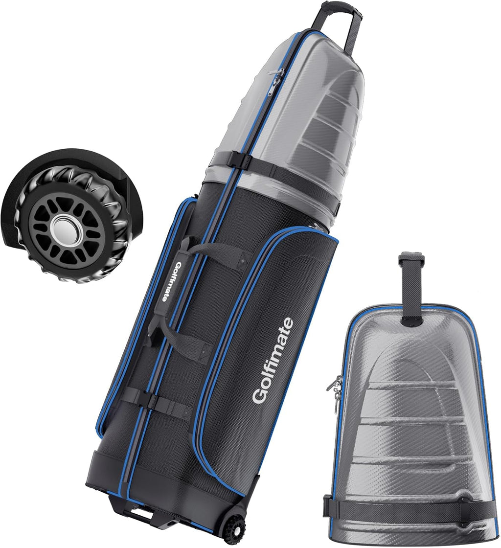 Golf Travel Bags for Airlines with Carbon Fiber Hard Top, Protective Club Traveling Cover with Wheel, Golf Club Carrier Case for Airplanes, Thick Padding, Durable Zippers and 2 Sided Spacious Pockets