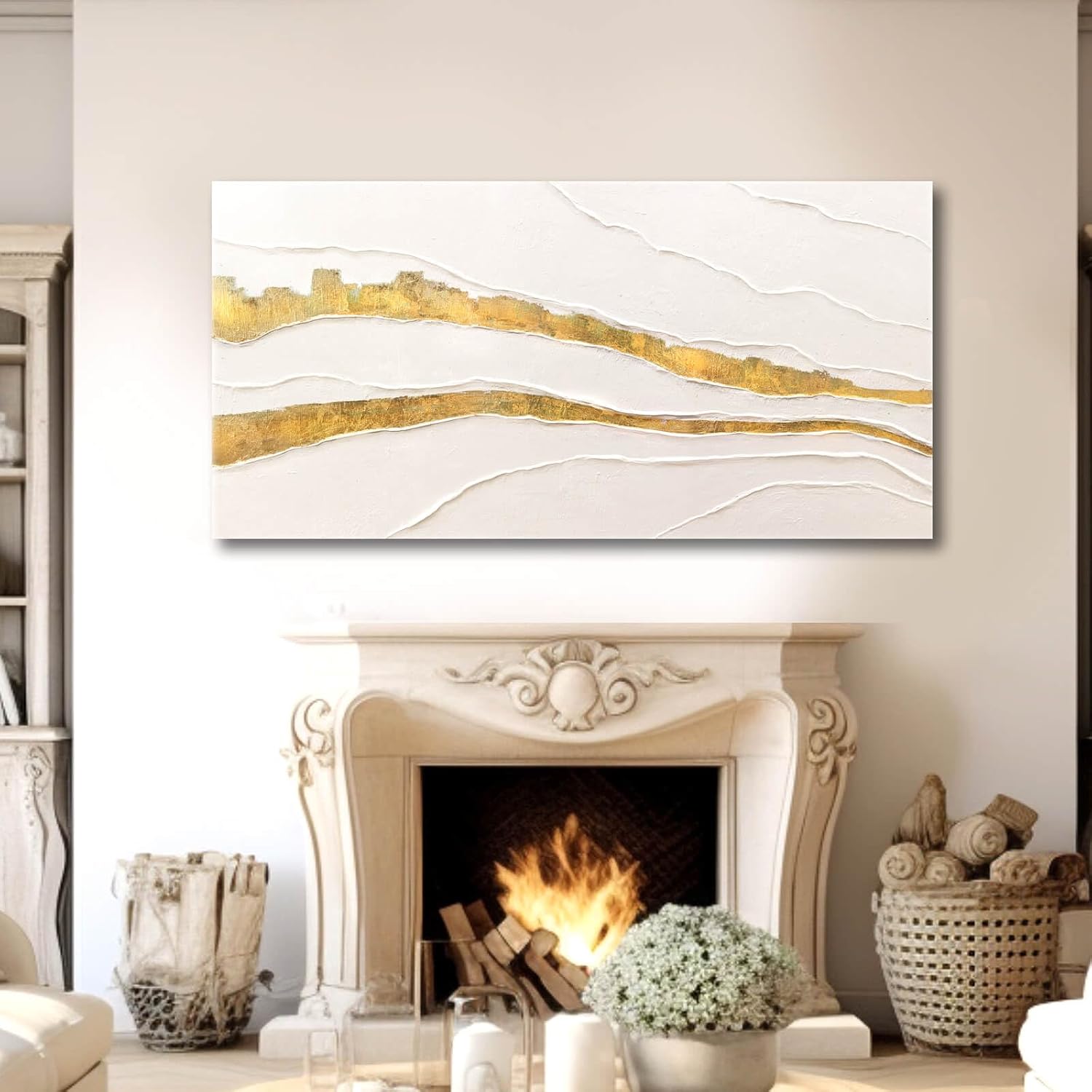 VAYIMDH Canvas Abstract Art White Large Wall Decorations for Living Room Gold Foil Abstract Wall Hanging Oil Painting for Office 29'x 58' Home Decor