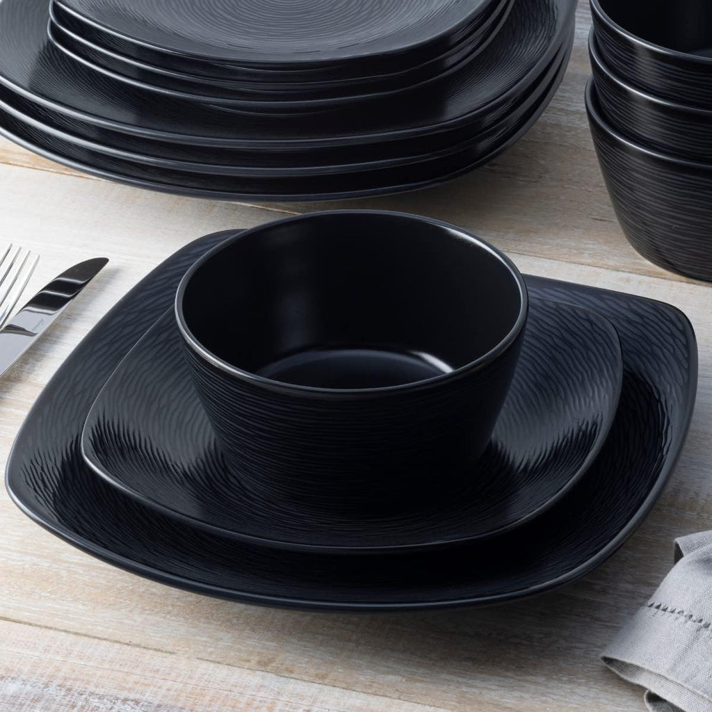 Noritake Colorscapes Black-on-Black Swirl 12-Piece Square Dinnerware Set, Service for 4