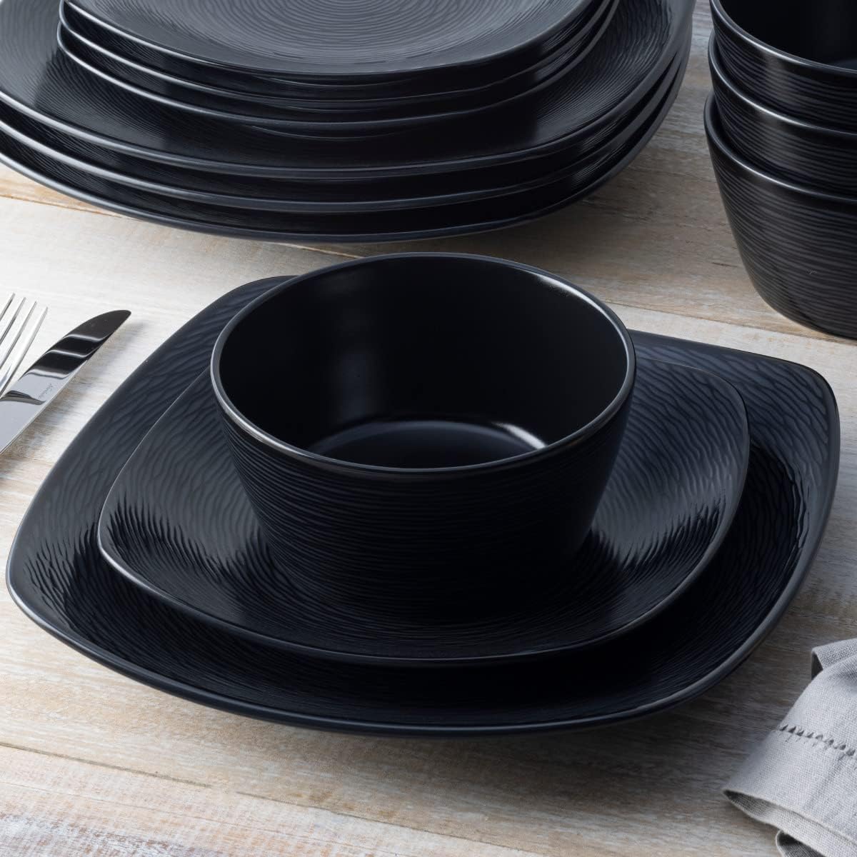 Noritake Colorscapes Black-on-Black Swirl 12-Piece Square Dinnerware Set, Service for 4