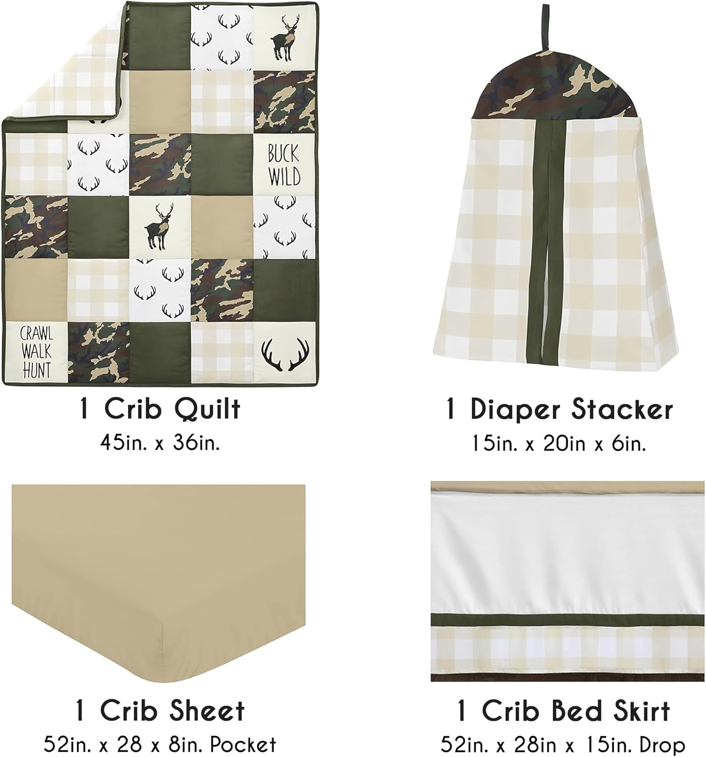 Sweet Jojo Designs 4-Piece Baby Crib Bedding Set (Woodland Camo Deer) for Boys, Infants/Nursery incl. Blanket, Fitted Sheet, Skirt, Diaper Stacker (Forest Green, Camouflage, Rustic, Stag, Beige Plaid)