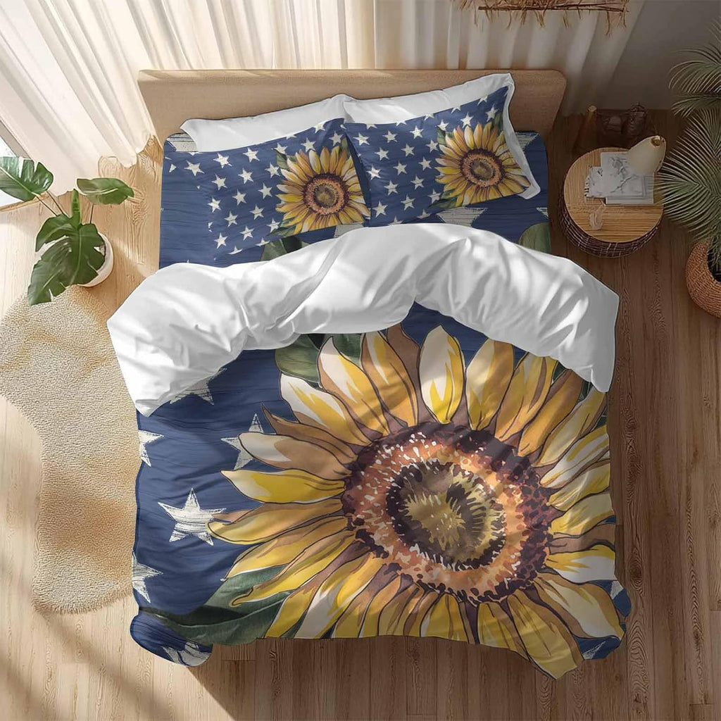 Prime Leader Independence Day Duvet Cover Set Queen Size 4 Pieces Hand Panted Sunflowers Countryside Star Bedding Set with Zipper Closure, 1 Comforter Cover 90x92 Inches 1 Flat Sheet & 2 Pillow Cases