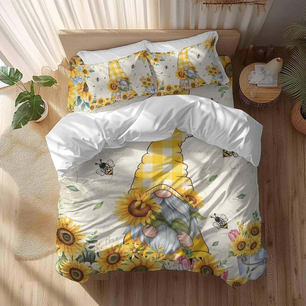 Prime Leader Sunflower Gnome Duvet Cover Set Queen Size 4 Pieces Bee Yellow Flower Leaf Spring Plant Farm Bedding Set with Zipper Closure, 1 Comforter Cover 86x86 Inches 1 Flat Sheet & 2 Pillow Cases
