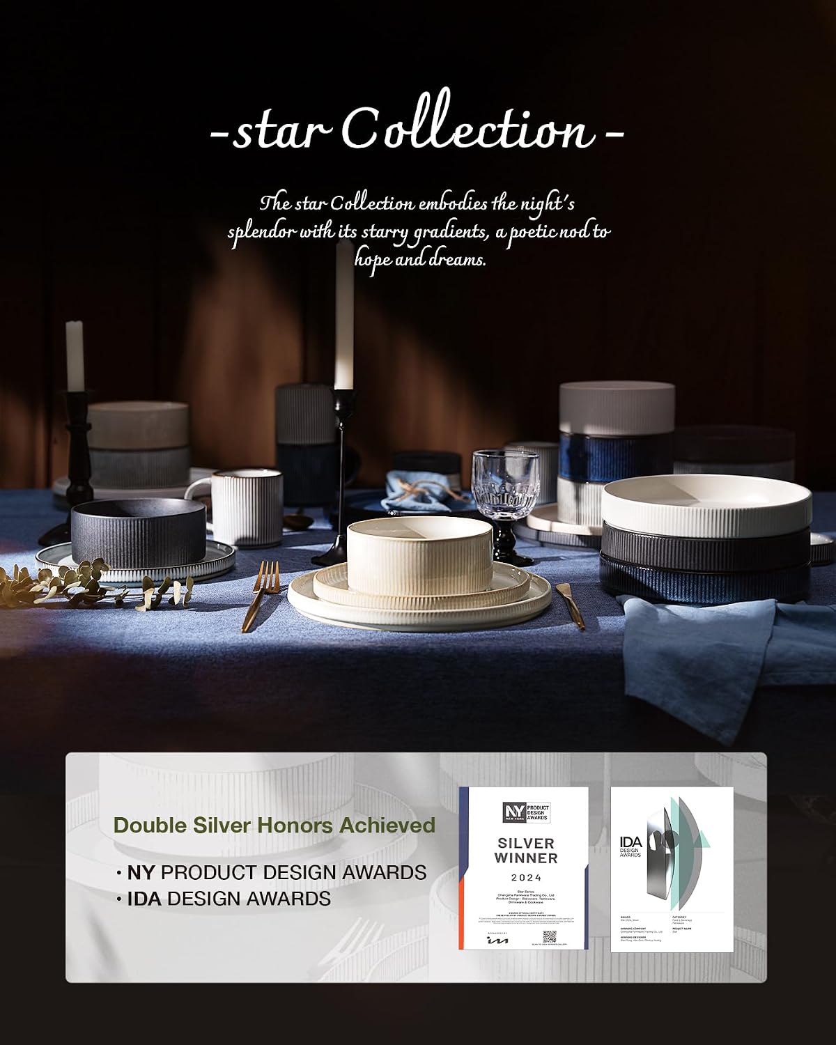 Famiware Star 24-Piece Stoneware Dinnerware Sets with Trim, Service for 8 - Ceramic Plates and Bowls Set, Ribbed Dishes with High Edge, Chip & Scratch Resistant, Microwave & Dishwasher Safe, Cream