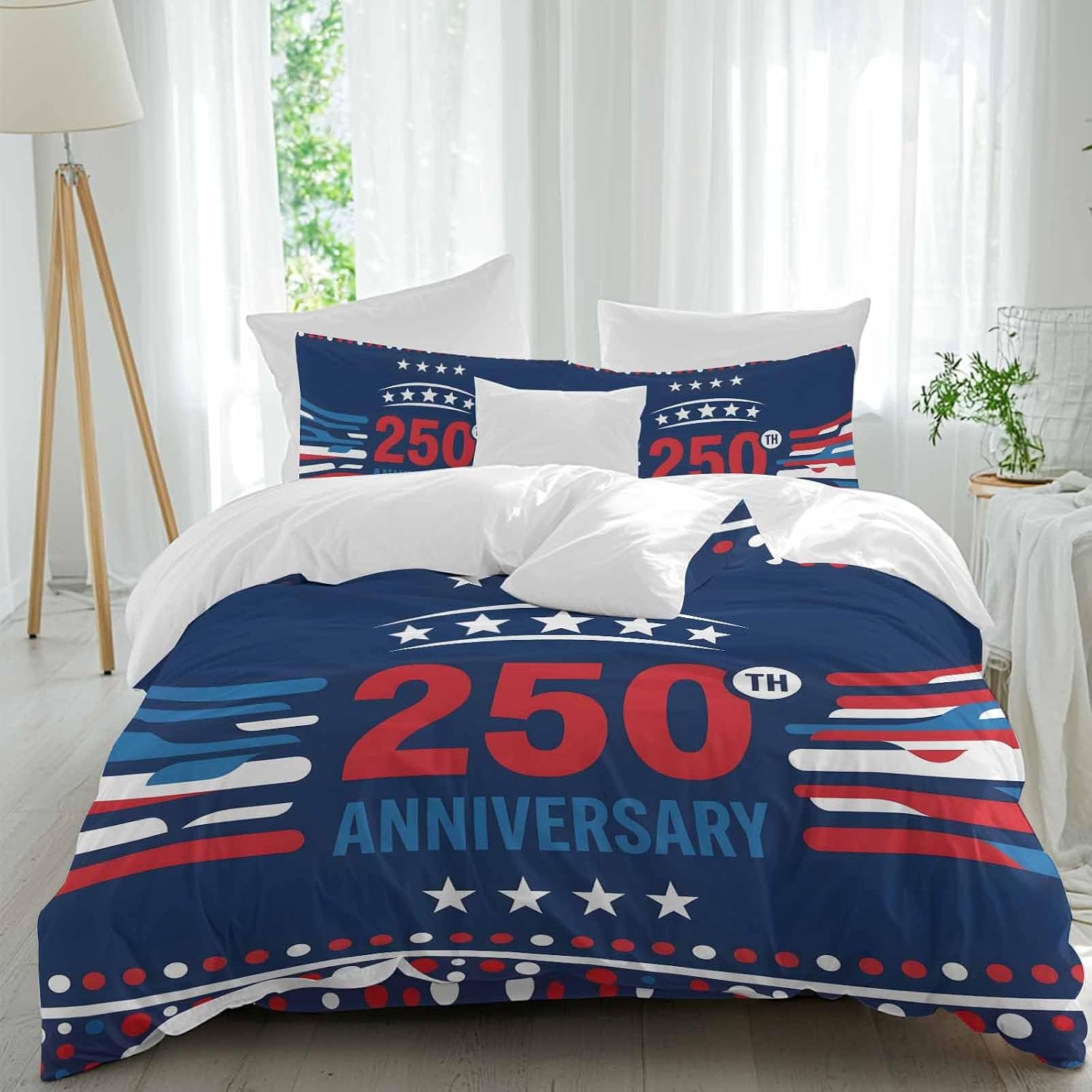 USA 250th Anniversary Duvet Cover Set Queen Size 4 Pieces Polka Dots Star Independence Day Navy Blue Bedding Set with Zipper Closure, 1 Comforter Cover 90x92 Inches 1 Flat Sheet & 2 Pillow Cases