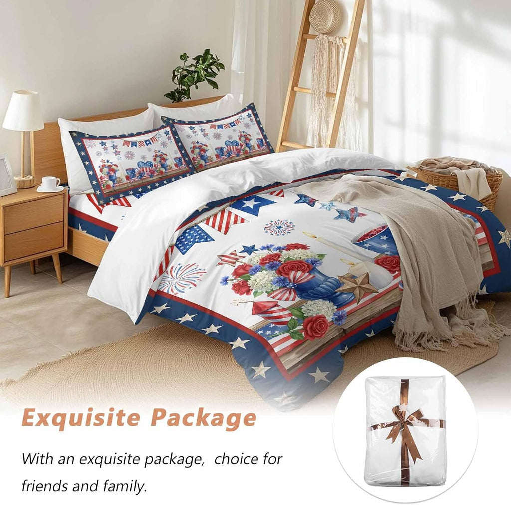 Prime Leader Independence Day Duvet Cover Set Queen Size 4 Pieces Retro Red Blue USA Flag Floral Star Bedding Set with Zipper Closure, 1 Comforter Cover 90x92 Inches 1 Flat Sheet & 2 Pillow Cases