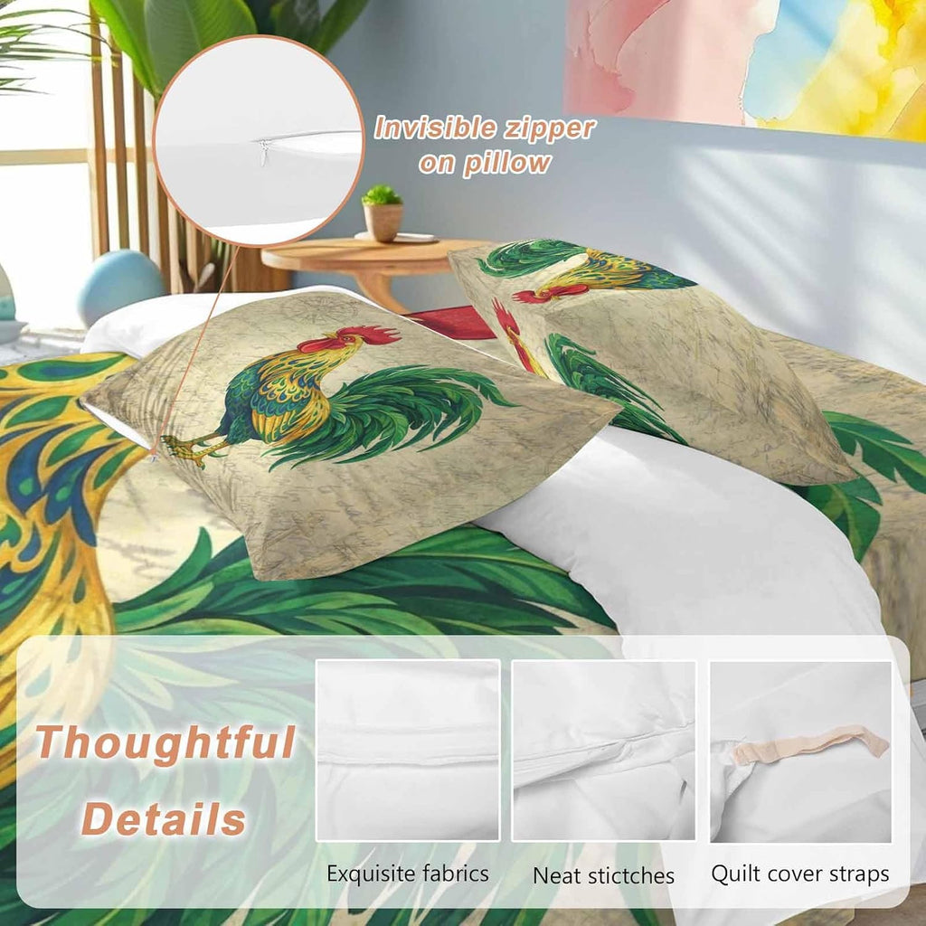 Prime Leader Retro Chicken Duvet Cover Set Queen Size 4 Pieces Farm Rooster Vintage Paper Country Animal Bedding Set with Zipper Closure, 1 Comforter Cover 86x86 Inches 1 Flat Sheet & 2 Pillow Cases