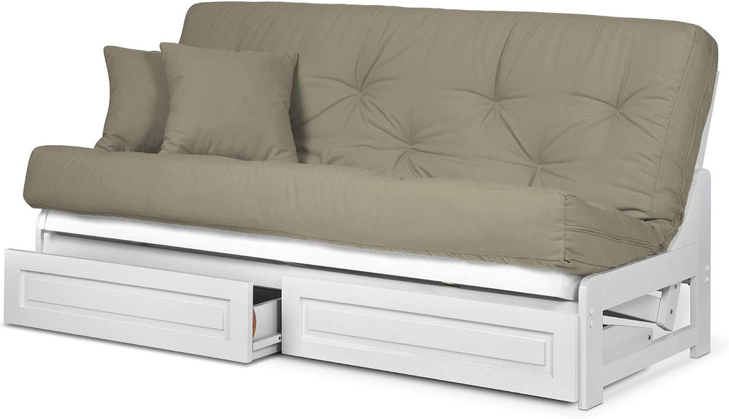 Nirvana Futons Arden White Futon with Storage Drawers Queen Size - Minimalist Armless Design with 8 Inch Comfortable Mattress (Twill Khaki), Sofa Bed Available in