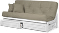 Nirvana Futons Arden White Futon with Storage Drawers Queen Size - Minimalist Armless Design with 8 Inch Comfortable Mattress (Twill Khaki), Sofa Bed Available in