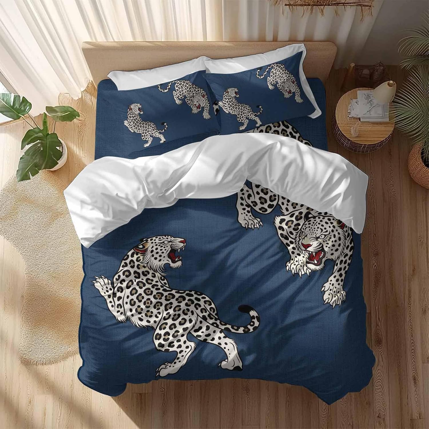 Navy Blue Leopard Duvet Cover Set Queen Size 4 Pieces Modern Style Wild Animal Rustic Linen Texture Bedding Set with Zipper Closure, 1 Comforter Cover 90x92 Inches 1 Flat Sheet & 2 Pillow Cases