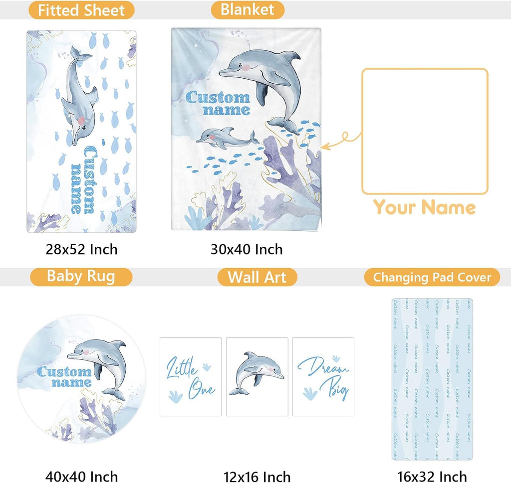 Terwex Personalized Baby Crib Bedding Set, 5 Pcs Custom Name Nursery Bedding Set, Blue Dolphin Baby Bedding Set for Girls Boys, Double Layer Baby Crib Sets, Customized Gifts for Toddlers Kids Infants