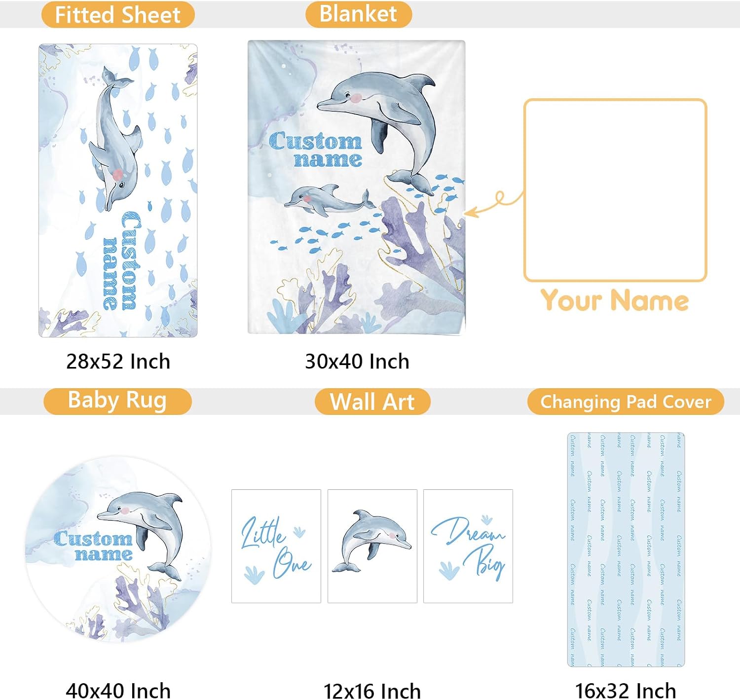 Terwex Personalized Baby Crib Bedding Set, 5 Pcs Custom Name Nursery Bedding Set, Blue Dolphin Baby Bedding Set for Girls Boys, Double Layer Baby Crib Sets, Customized Gifts for Toddlers Kids Infants