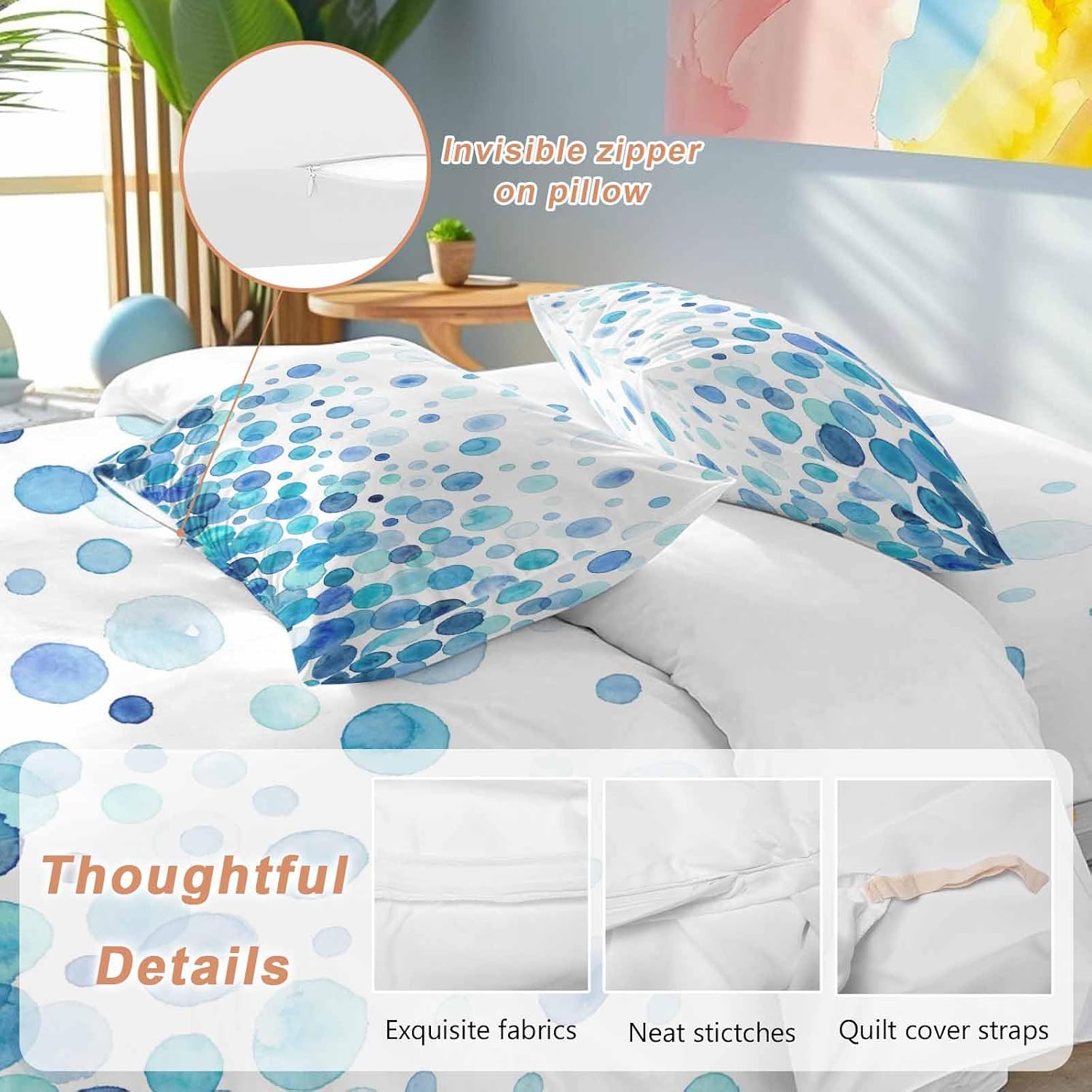 Prime Leader Blue Polka Dots Duvet Cover Set Queen Size 4 Pieces Watercolor Abstract Art Gradients Bedding Set with Zipper Closure, 1 Comforter Cover 90x92 Inches 1 Flat Sheet & 2 Pillow Cases