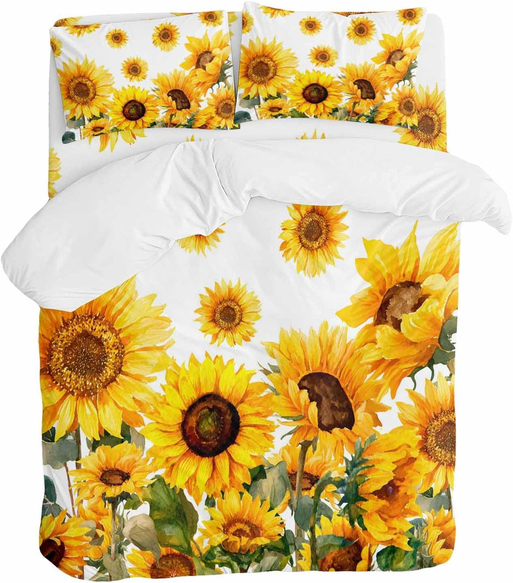 Prime Leader Summer Sunflower Duvet Cover Set Queen Size 4 Pieces Watercolor Flowers Farmhouse Bedding Set with Zipper Closure, 1 Comforter Cover 90x92 Inches 1 Flat Sheet & 2 Pillow Cases