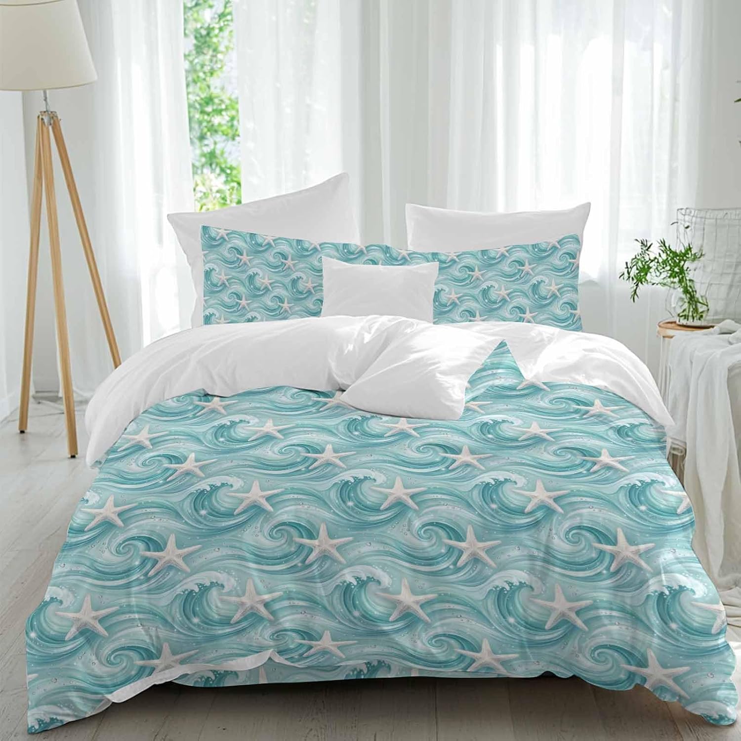 Teal Ocean Starfish Duvet Cover Set Queen Size 4 Pieces Nautical Coastal Watercolor Sea Waves Starfish Bedding Set with Zipper Closure, 1 Comforter Cover 92x106 Inches 1 Flat Sheet & 2 Pillow Cases
