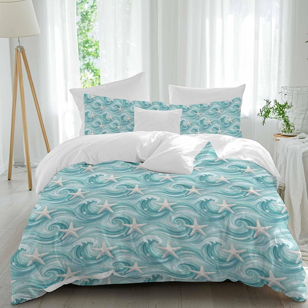 Teal Ocean Starfish Duvet Cover Set Queen Size 4 Pieces Nautical Coastal Watercolor Sea Waves Starfish Bedding Set with Zipper Closure, 1 Comforter Cover 90x92 Inches 1 Flat Sheet & 2 Pillow Cases