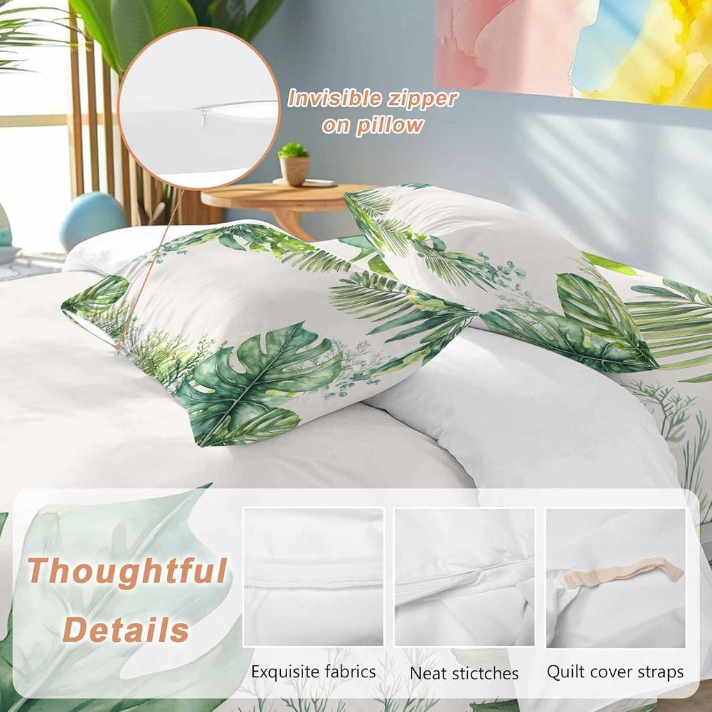 Tropical Leaf Duvet Cover Set Queen Size 4 Pieces Palms Monstera Leaves Green Plant Botanical Bedding Set with Zipper Closure, 1 Comforter Cover 90x92 Inches 1 Flat Sheet & 2 Pillow Cases