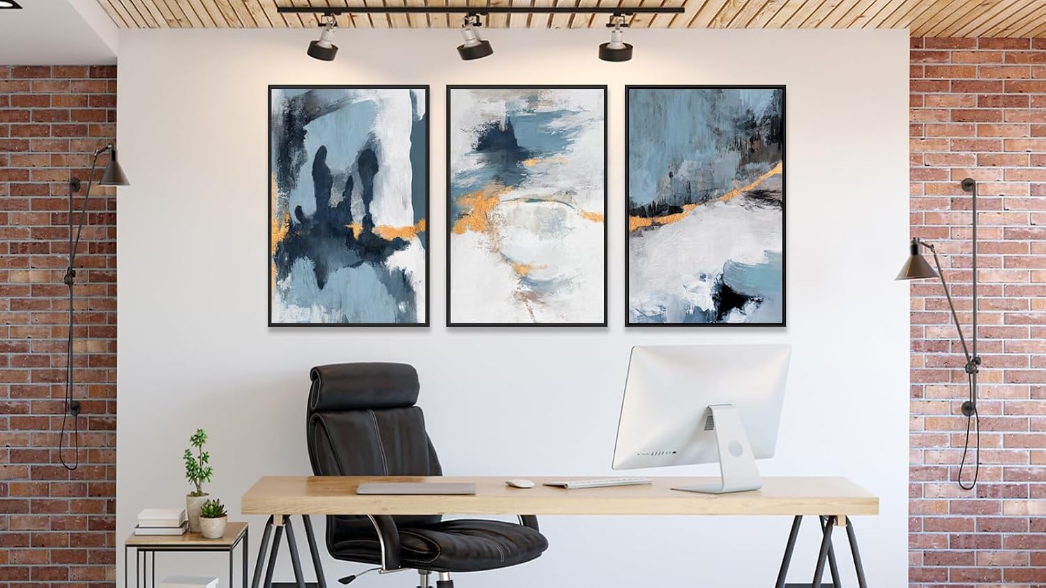 Large Framed Abstract Wall Art - Natural Framed Canvas Pictures for Living Room Modern Canvas Prints Grey Blue for Bedroom, Black Float Frame Art for Home Office Kitchen Decor 24' X 36' X 3pcs