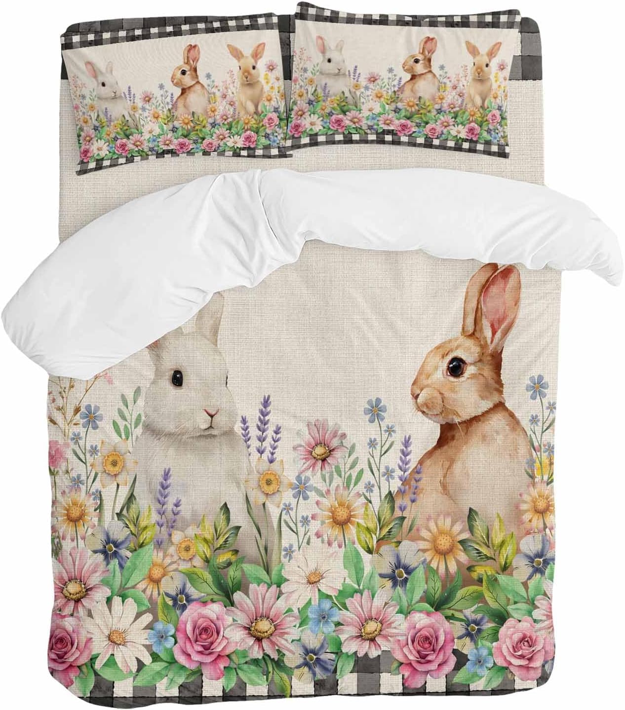 Spring Rabbits Duvet Cover Set Queen Size 4 Pieces Pink Rose Purple Flowers Daisy Vintage Linen Bedding Set with Zipper Closure, 1 Comforter Cover 90x92 Inches 1 Flat Sheet & 2 Pillow Cases