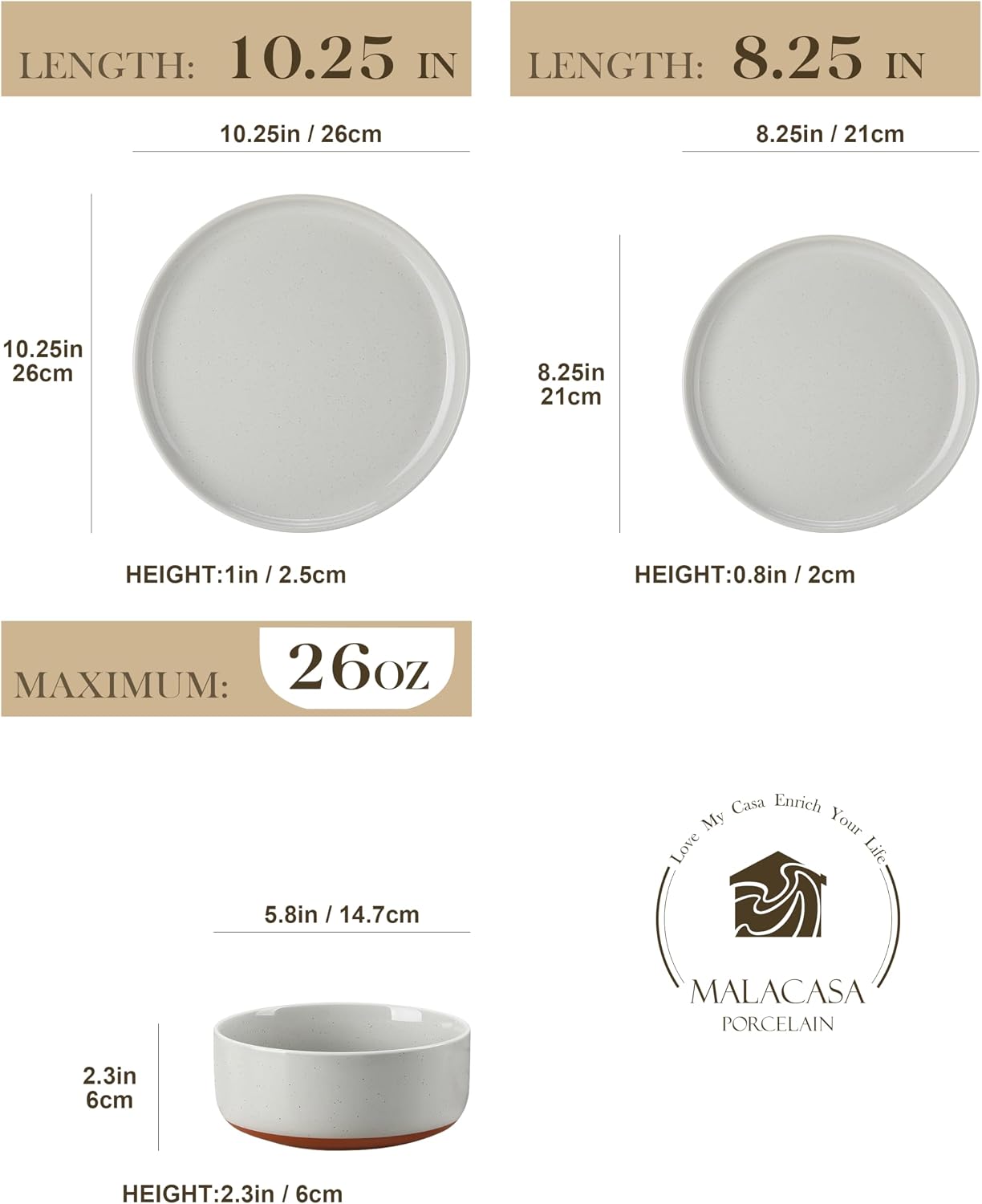 MALACASA Plates and Bowls Sets, 24 Pieces Modern Ceramic Dinnerware Set for 8 Kitchen Dinner Set Stoneware Dishware Dishes Set Microwave and Dishwasher Safe, Grey, Series TARA