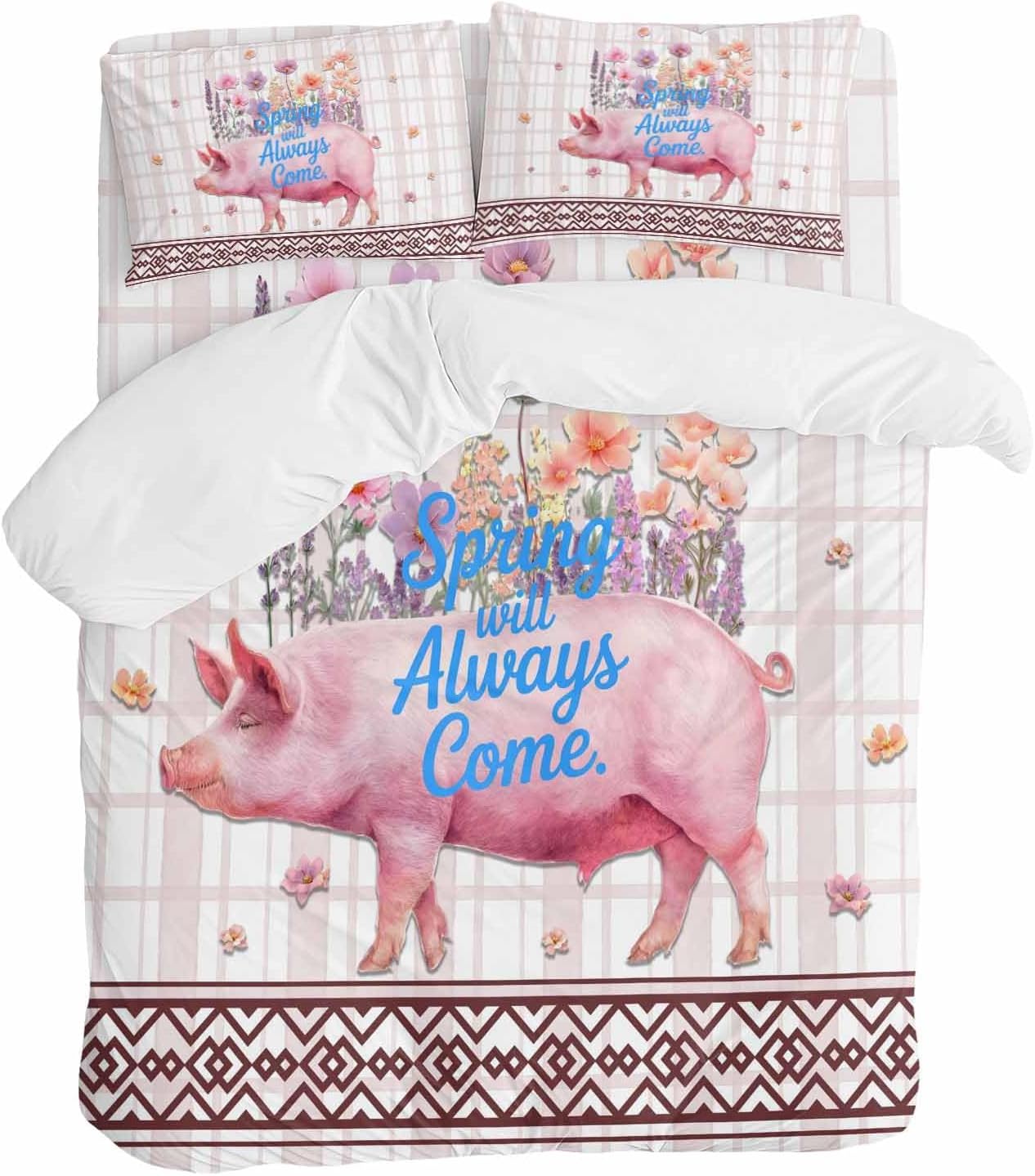 Spring Will Always Come Duvet Cover Set Queen Size 4 Pieces Funny Pig Rustic Wildflower Pink Stripes Bedding Set with Zipper Closure, 1 Comforter Cover 92x106 Inches 1 Flat Sheet & 2 Pillow Cases