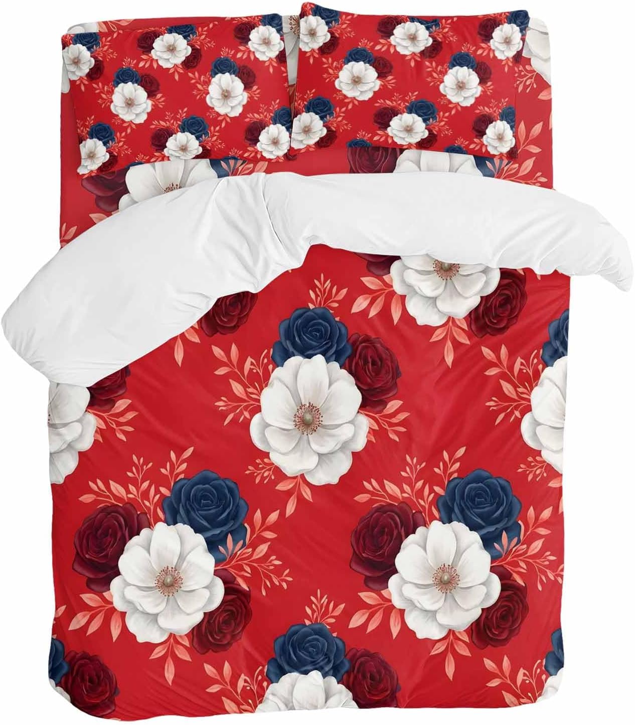 Prime Leader Independence Day Duvet Cover Set Queen Size 4 Pieces Red Blue White Roses Floral Leaf Red Bedding Set with Zipper Closure, 1 Comforter Cover 90x92 Inches 1 Flat Sheet & 2 Pillow Cases