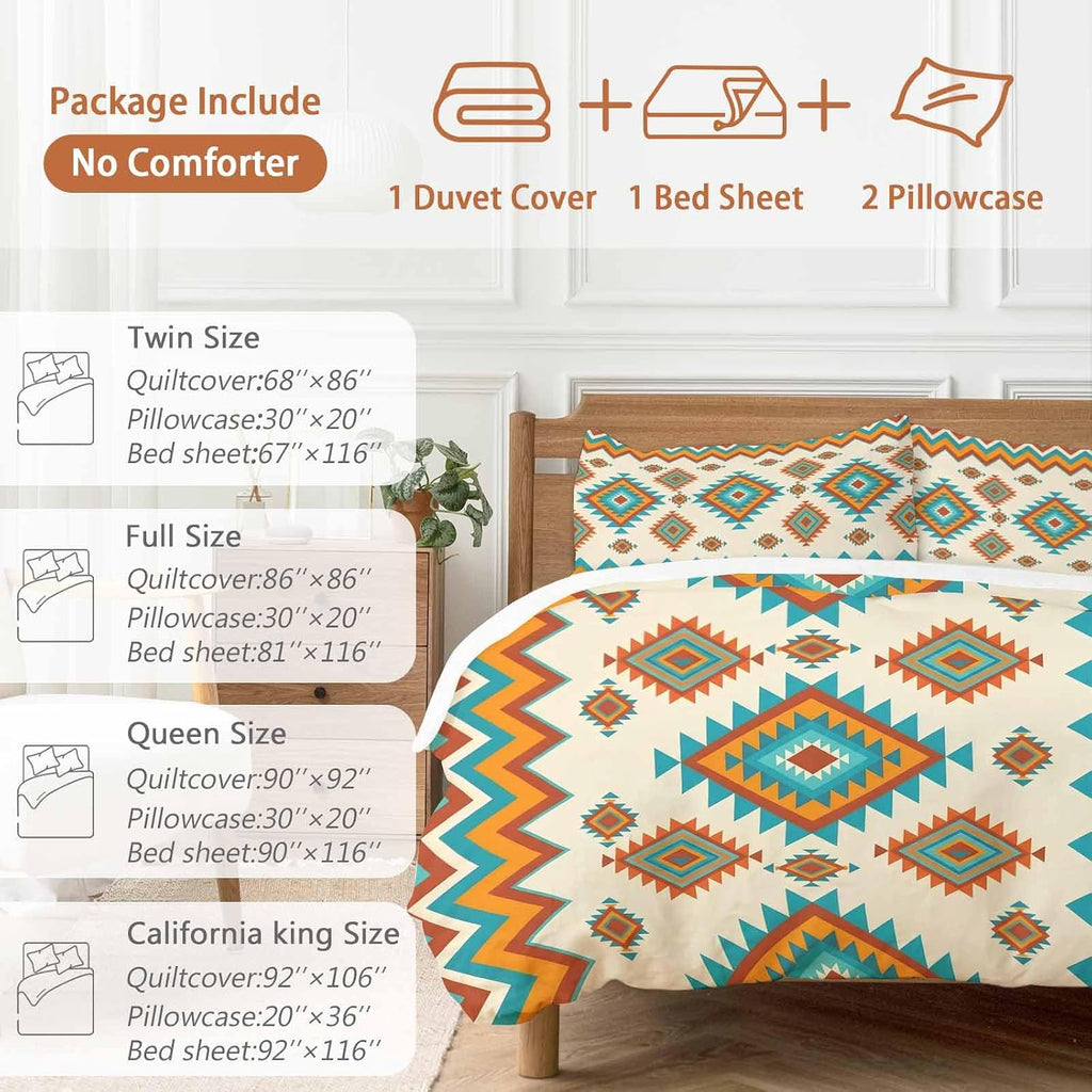 Bohemia Geometric Duvet Cover Set Queen Size 4 Pieces Western Teal Orange Beige Aztec Ethnic Bedding Set with Zipper Closure, 1 Comforter Cover 92x106 Inches 1 Flat Sheet & 2 Pillow Cases