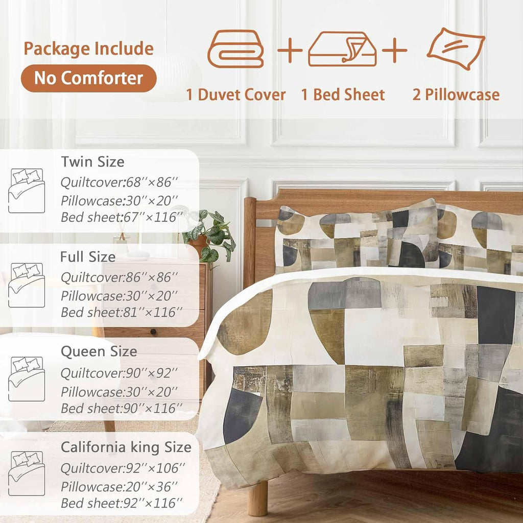 Prime Leader Abstract Duvet Cover Set Queen Size 4 Pieces Brown Black Color Block Geometric Contemporary Bedding Set with Zipper Closure, 1 Comforter Cover 86x86 Inches 1 Flat Sheet & 2 Pillow Cases