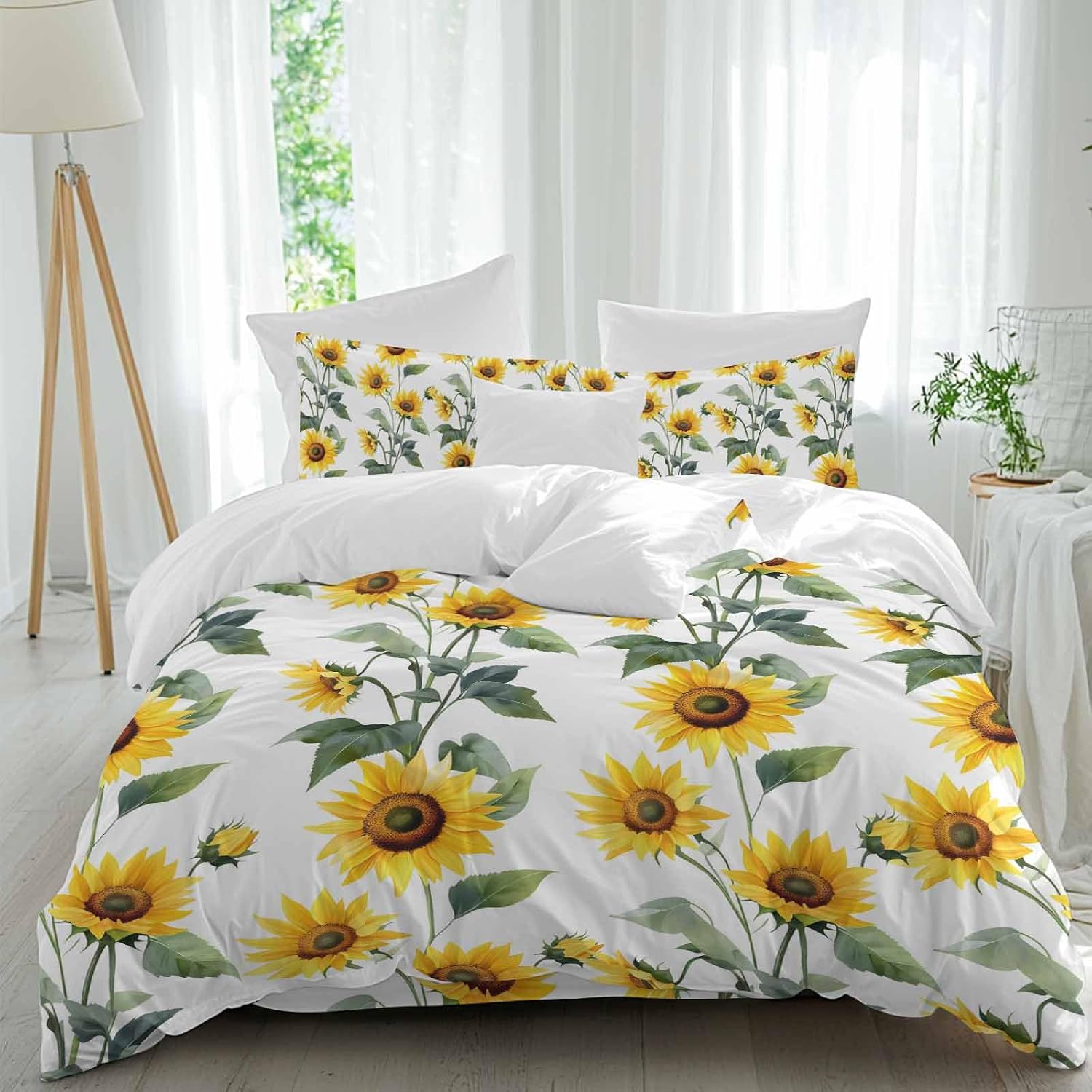 Prime Leader Summer Sunflowers Duvet Cover Set Queen Size 4 Pieces Watercolor Floral White Bedding Set with Zipper Closure, 1 Comforter Cover 90x92 Inches 1 Flat Sheet & 2 Pillow Cases
