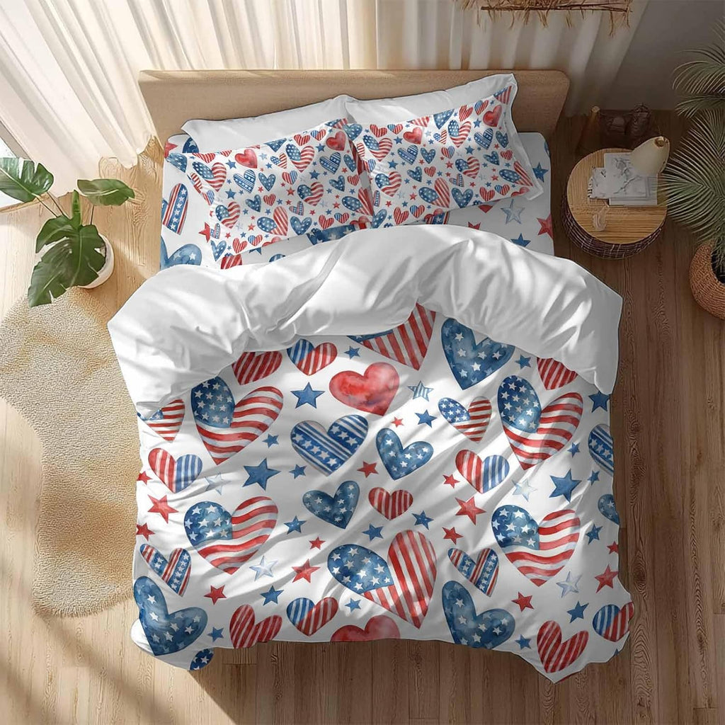 Independence Day Duvet Cover Set Queen Size 4 Pieces U. S. Flag Themed Love Heart Five-Pointed Stars Bedding Set with Zipper Closure, 1 Comforter Cover 92x106 Inches 1 Flat Sheet & 2 Pillow Cases