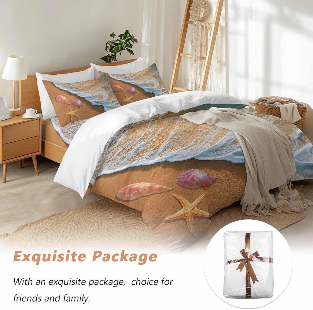 Prime Leader Summer Beach Duvet Cover Set Queen Size 4 Pieces Ocean Waves Conch Starfish Shell Coastal Bedding Set with Zipper Closure, 1 Comforter Cover 86x86 Inches 1 Flat Sheet & 2 Pillow Cases