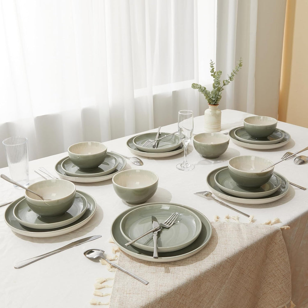 Pokini Plates and Bowls Sets for 8, 24 Piece Dinnerware Set for Large Families & Entertaining, Elegant Design, Dishwasher & Microwave Safe, Chip Resistant and Durable, Gray Green